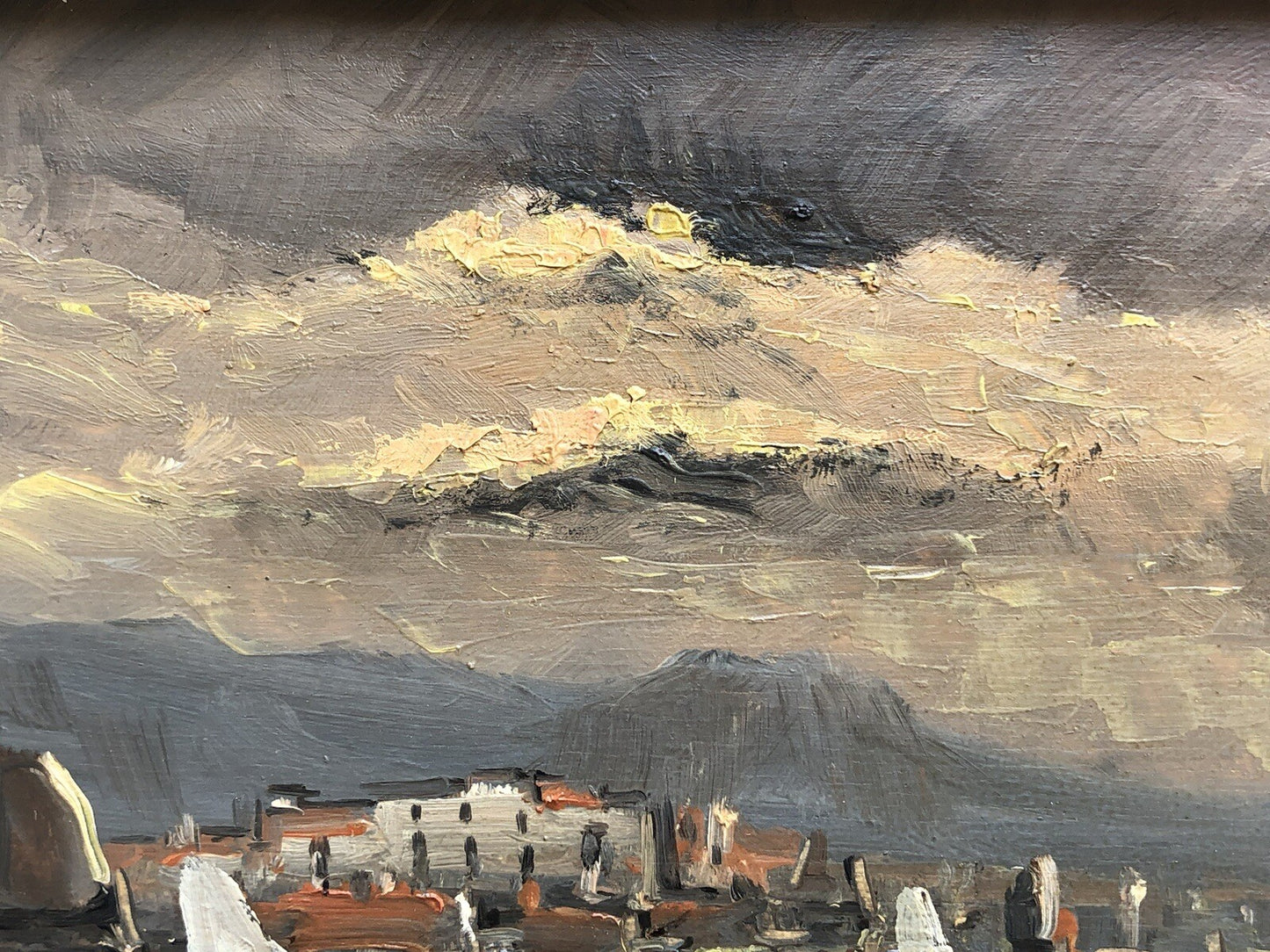 Quadro vintage -Marina Al Tramonto- dipinto a olio su tavoletta