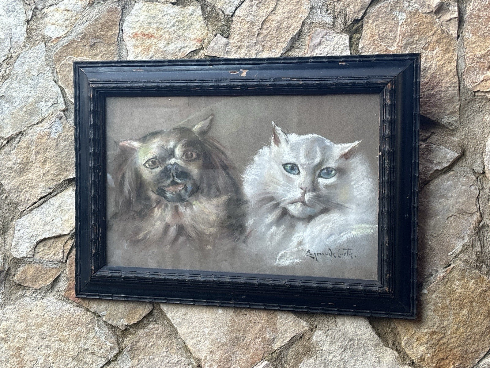 Quadro antico -Figure Animali- Federico De Curtis- pastello su carta