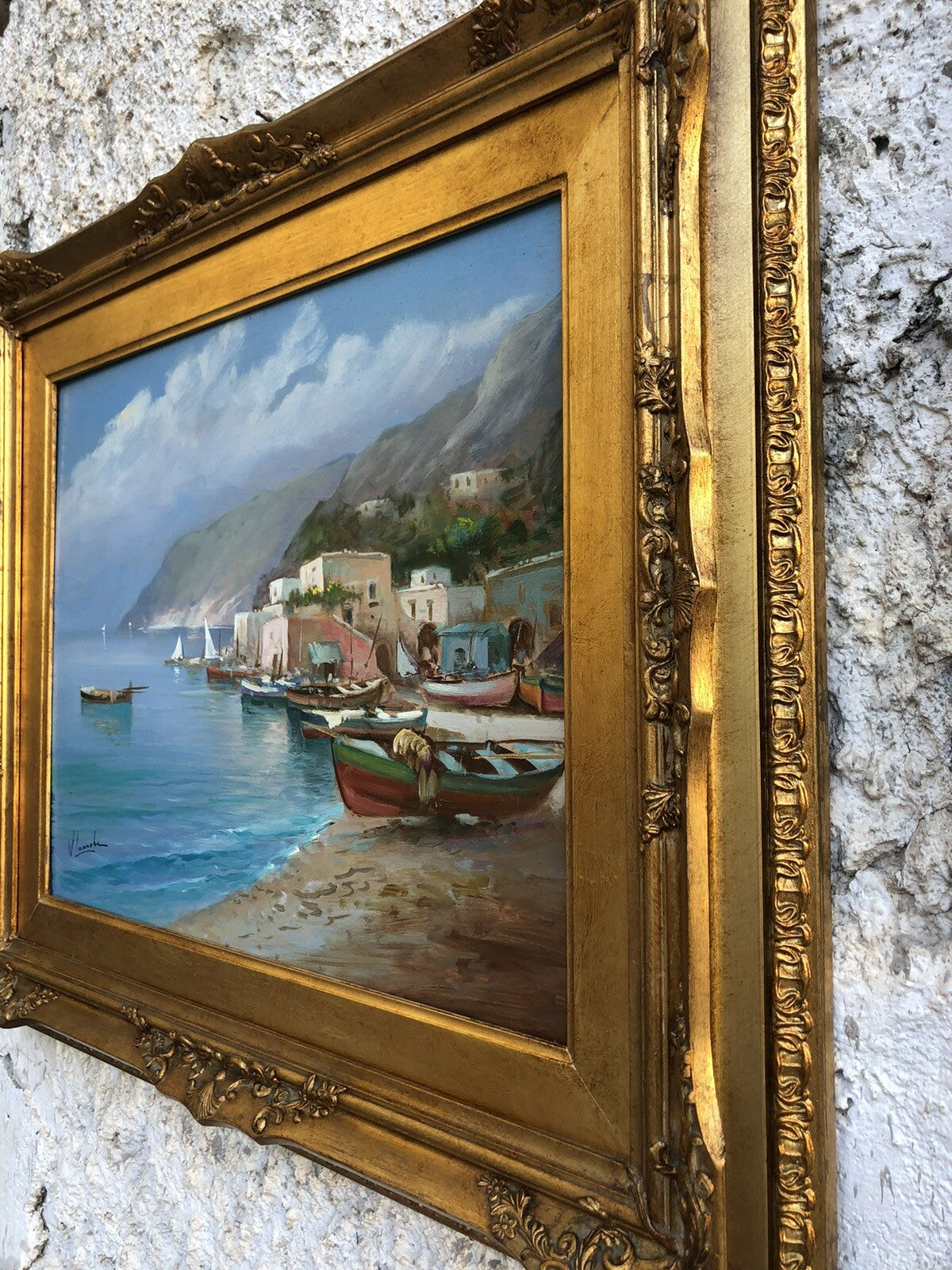 Quadro vintage -Marina Con Barche- dipinto a olio