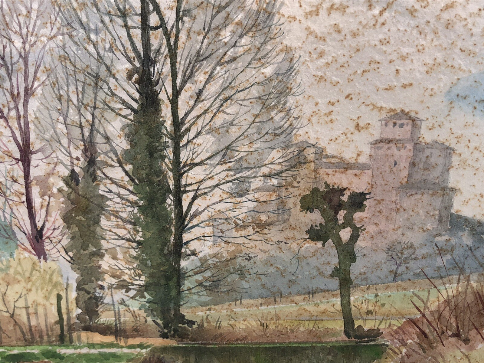 QUADRO VINTAGE -PAESAGGIO-DIPINTO AD ACQUERELLO SU CARTA