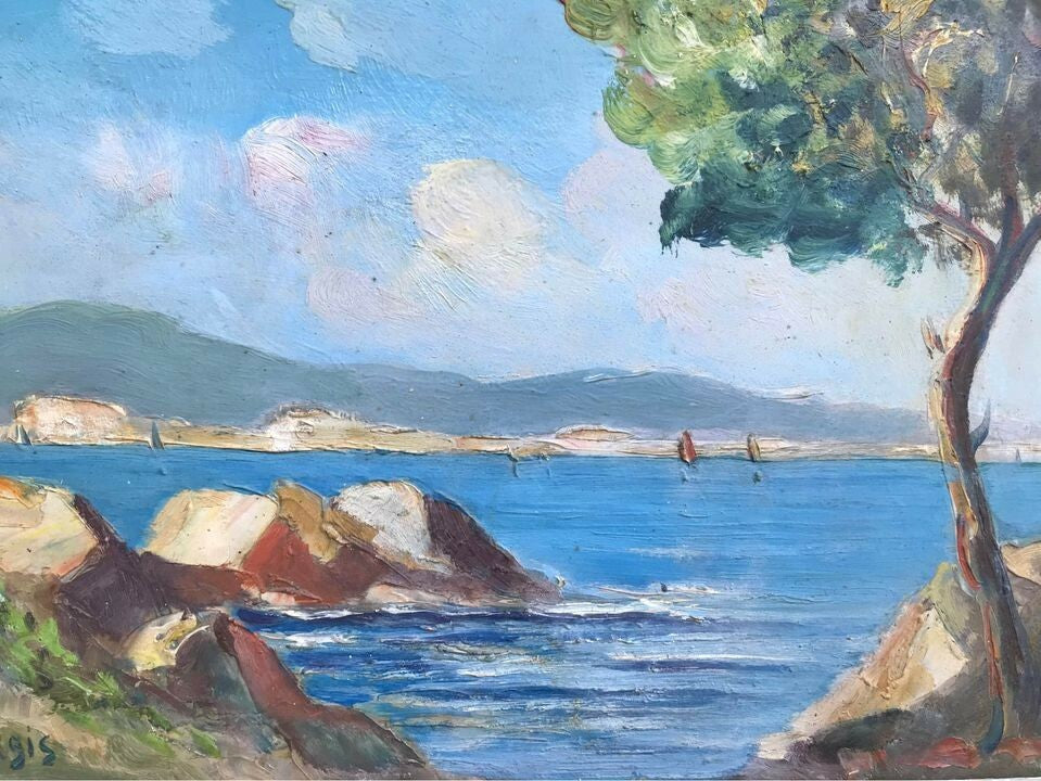 Antico quadro francese-Marina- dipinto a olio su masonite