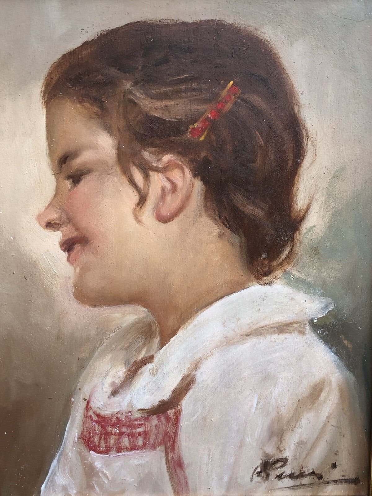 Quadro vintage -Profilo Fanciulla- dipinto a olio su tavoletta