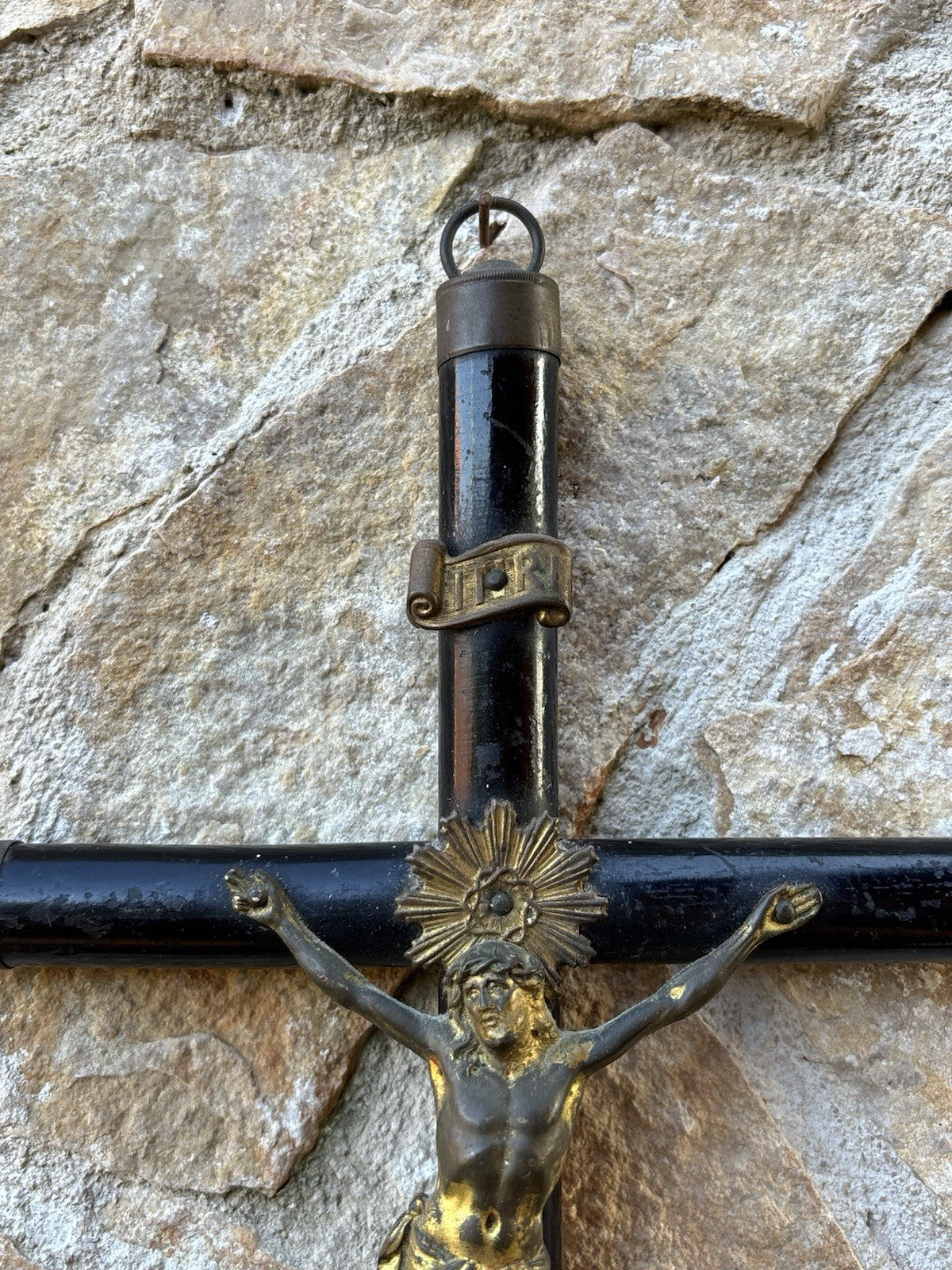 Crocifisso Vintage Con Memento Mori In Legno E Metallo