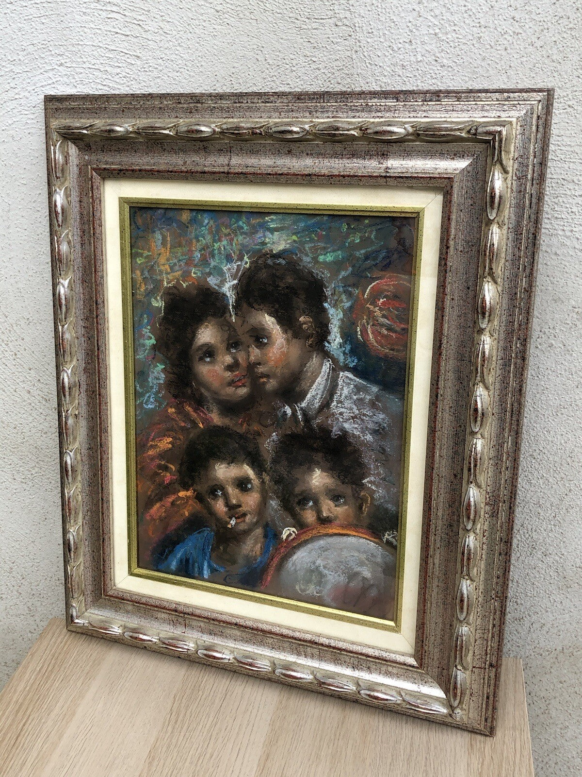 Quadro vintage -Figure Scugnizzi- realizzato a pastello su tavoletta