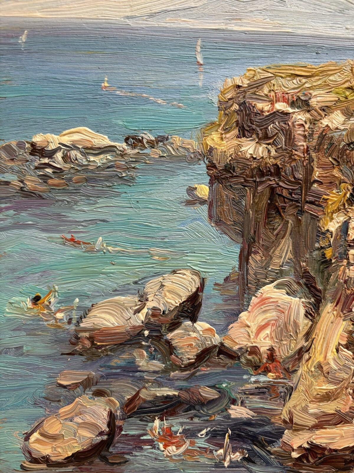 Quadro -Marina Con Bagnanti- dipinto a olio su tavoletta