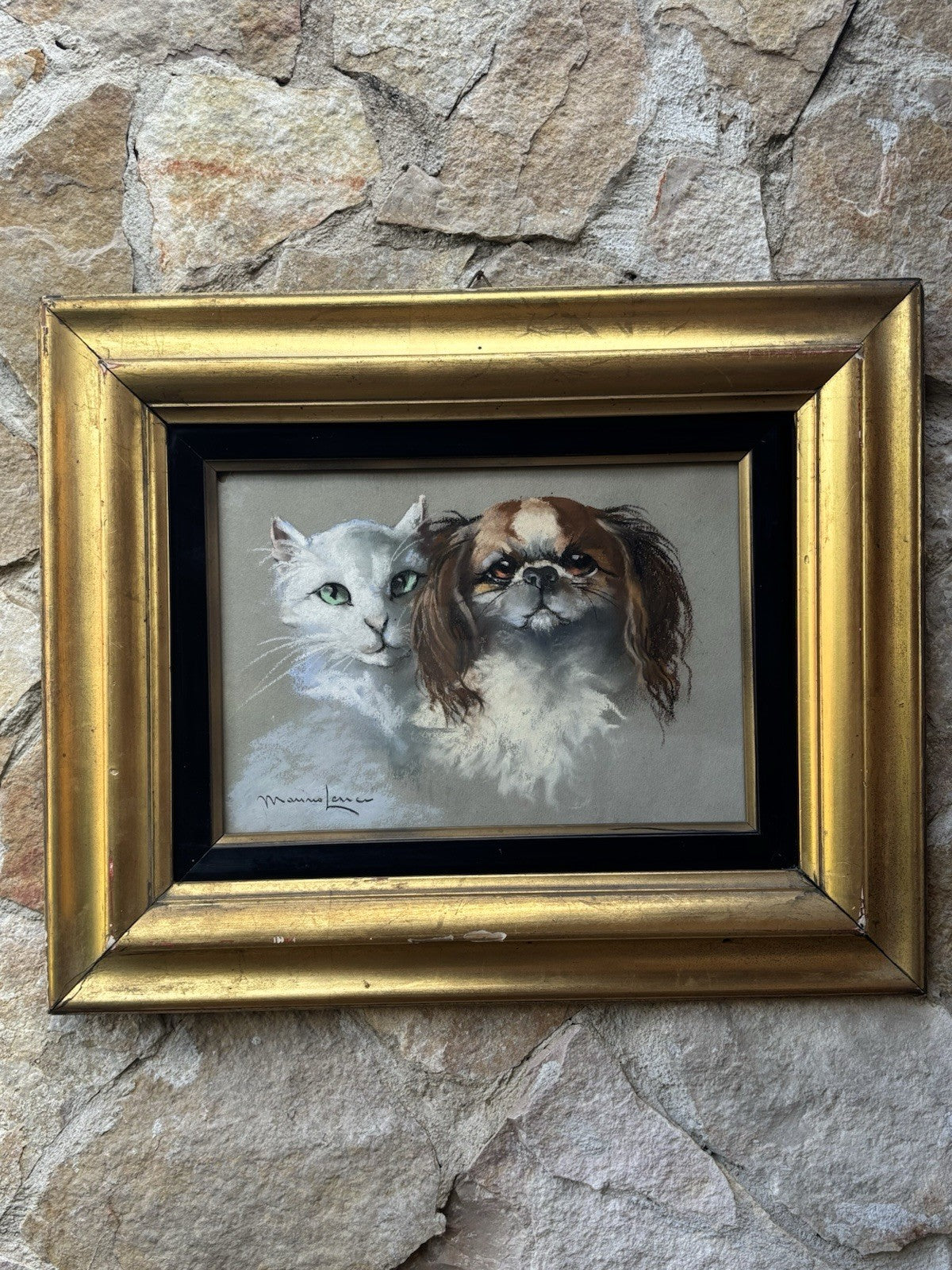 Quadro -Cane E Gatto- Marino Lenci realizzato a pastello su carta
