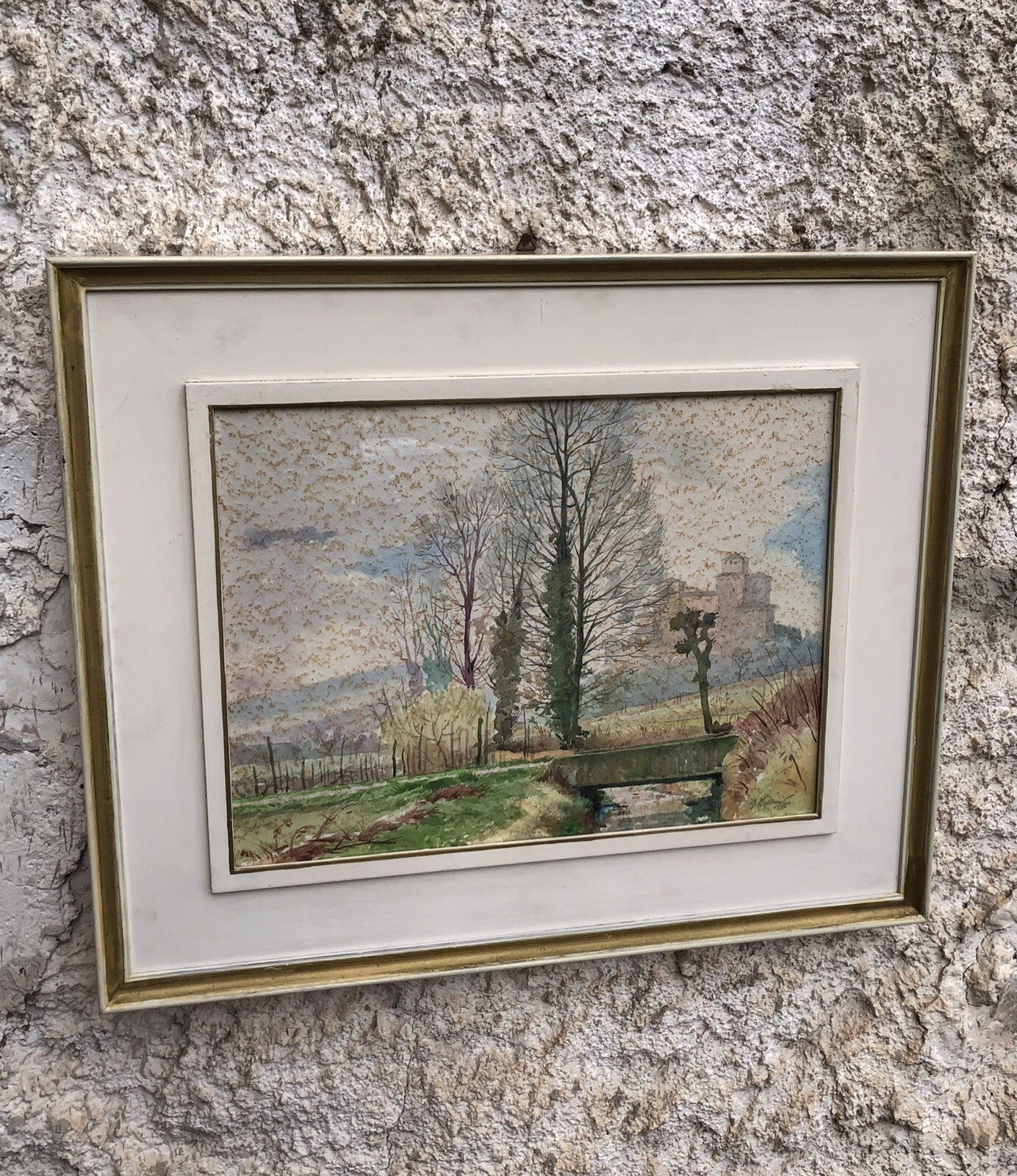 QUADRO VINTAGE -PAESAGGIO-DIPINTO AD ACQUERELLO SU CARTA