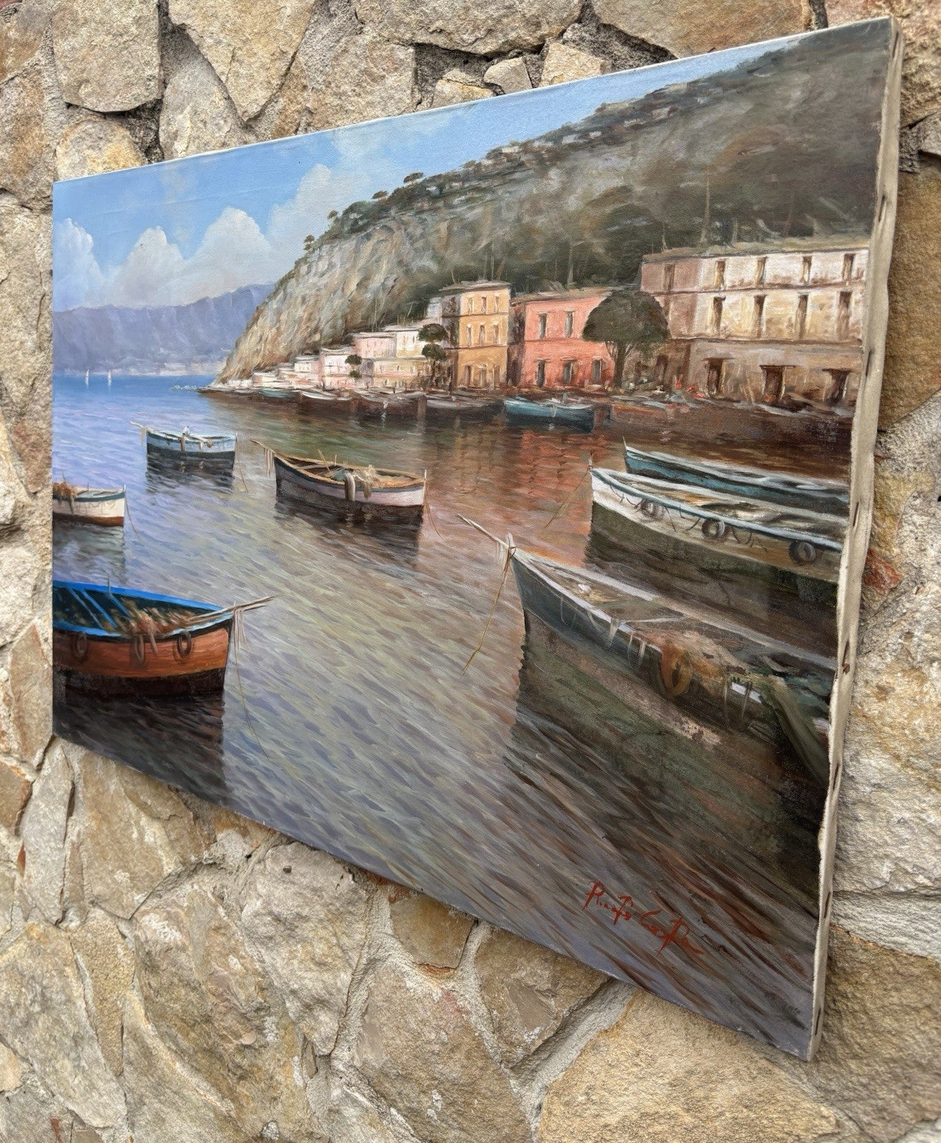 Quadro -Marina Con Barche- dipinto a olio su tela