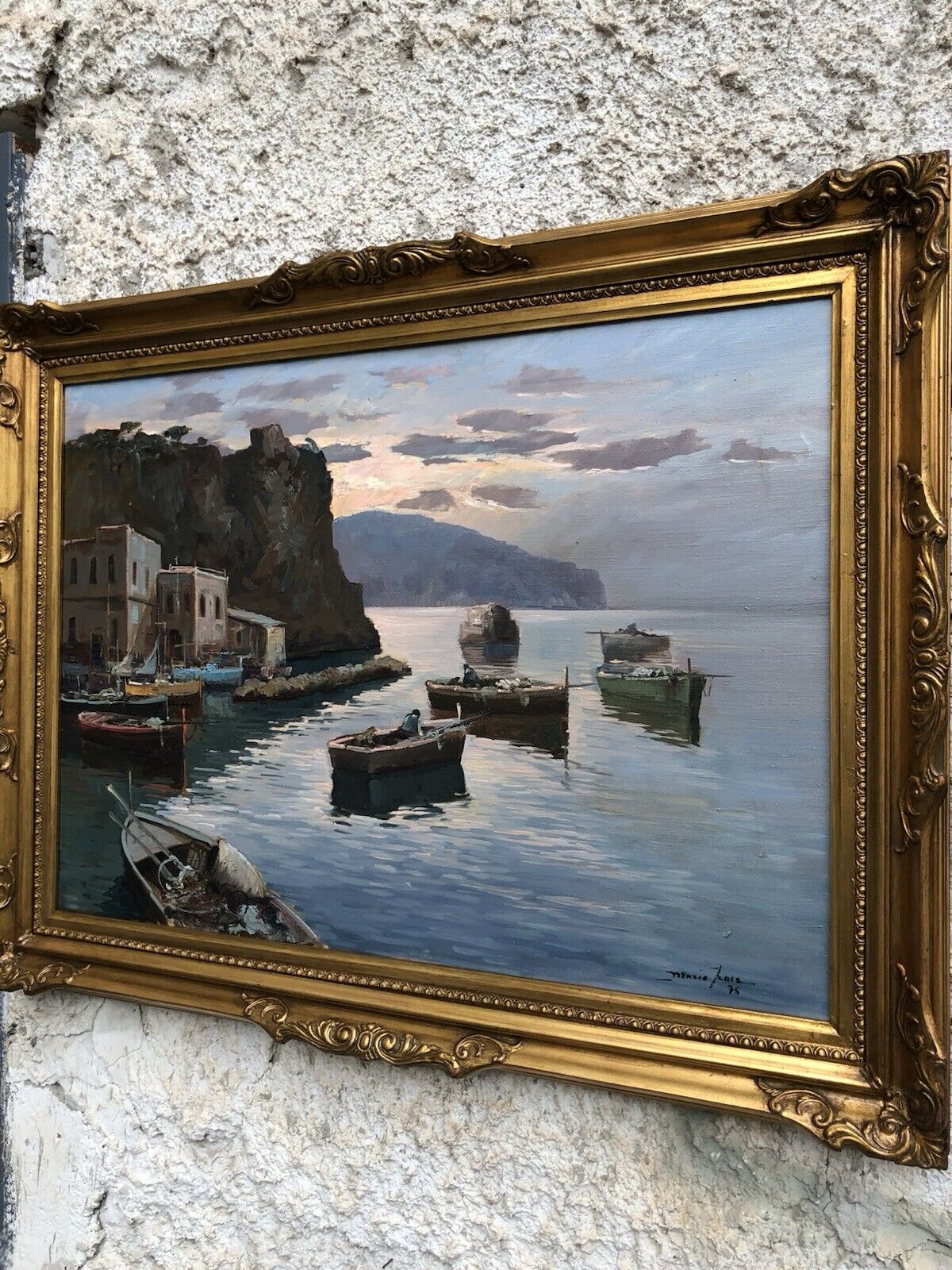 Quadro -Marina Di Procida Al Tramonto- dipinto a olio su tela
