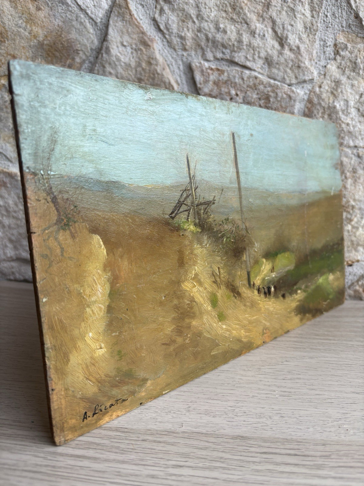 Quadro antico -Paesaggio Con Gregge- Augusto Licata dipinto a olio su tavola