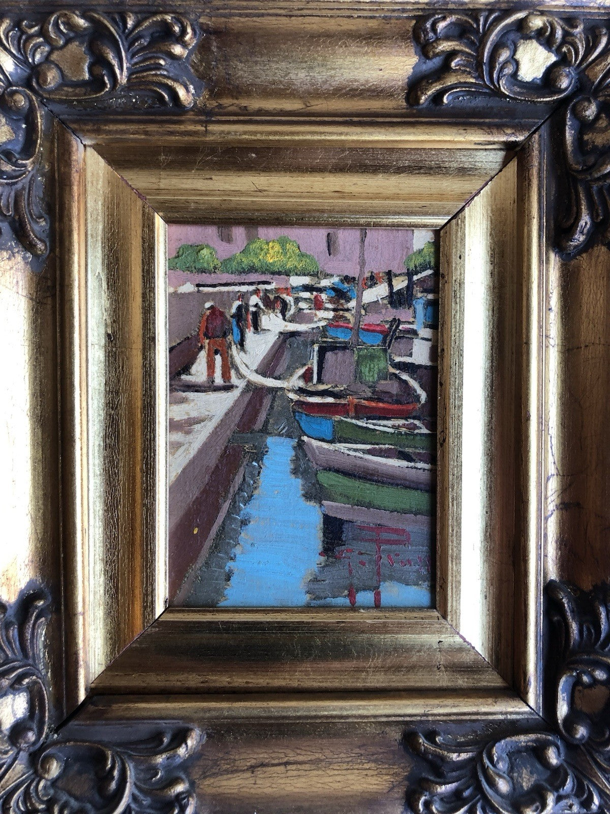 Quadro -Pescatori Al Porto- dipinto a olio