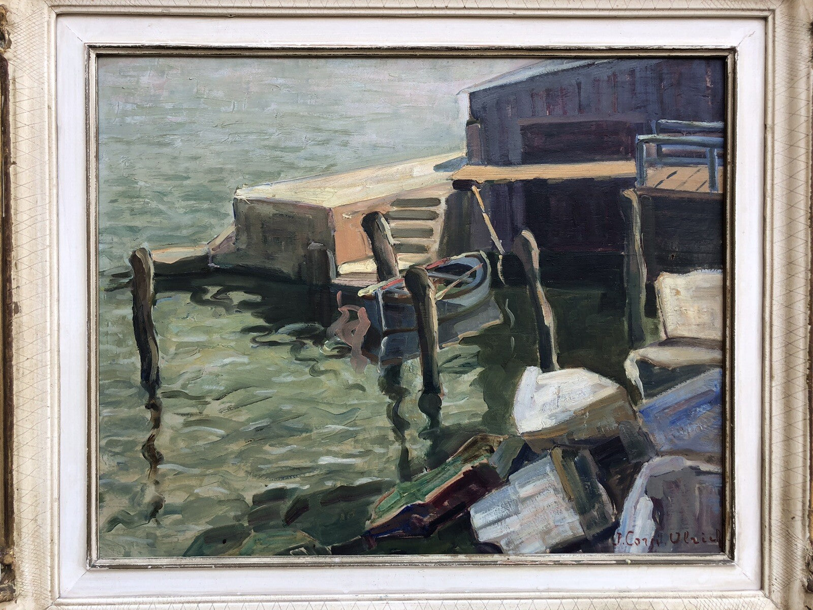 Quadro vintage francese -Barca Al Molo- dipinto a olio su tavoletta