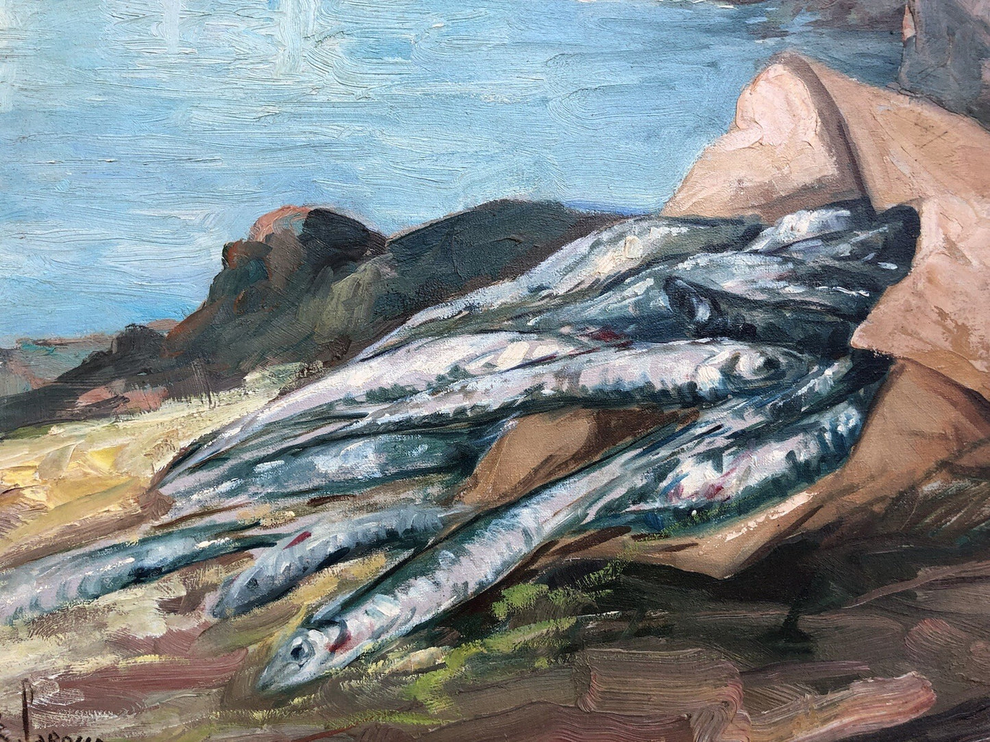 Quadro vintage -Paesaggio Con Natura Morta- dipinto a olio su tela