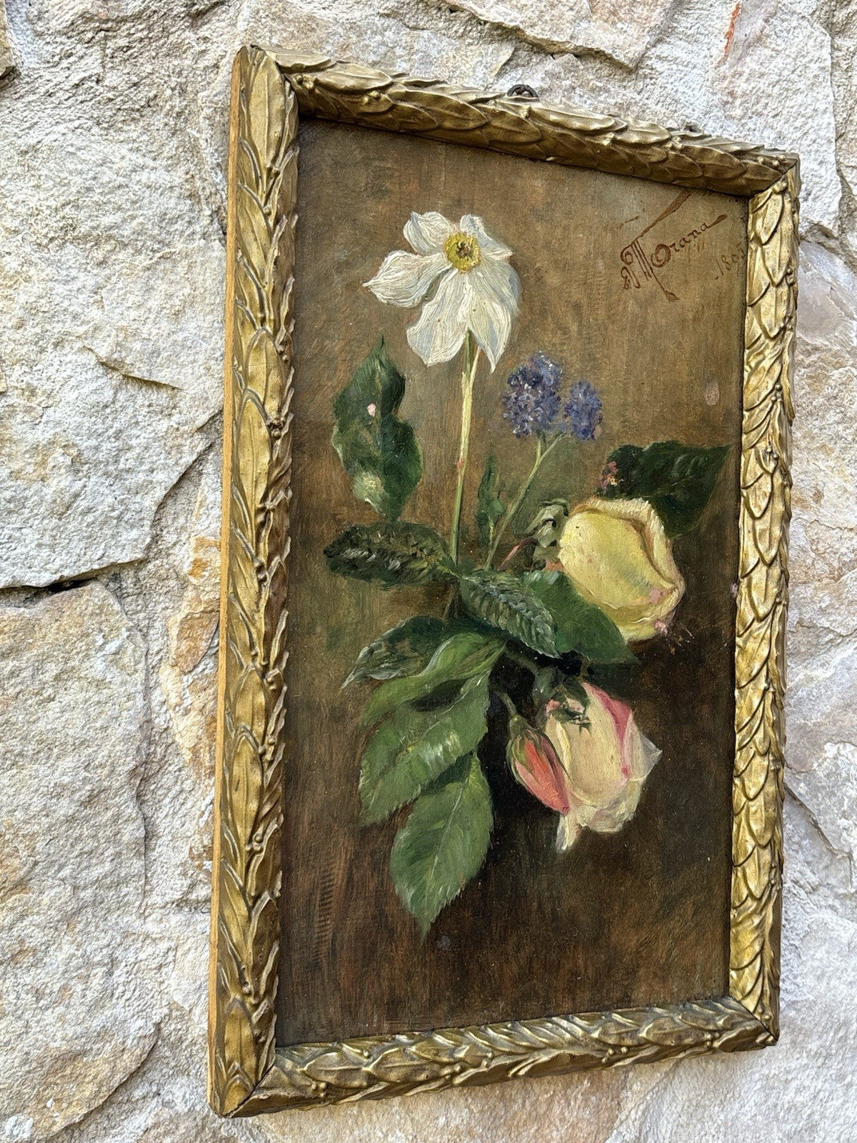 Quadro antico -Fiori- dipinto a olio su tavola