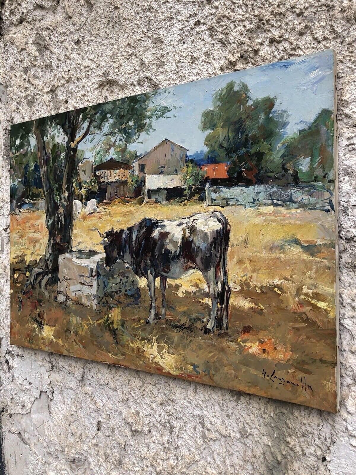 Quadro -Paesaggio Con Mucca- dipinto a olio su tela