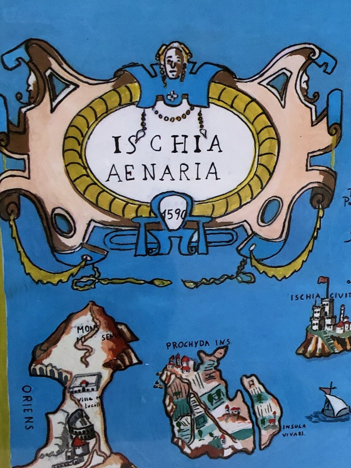 Mappa Vintage -Ischia Aenaria Antica- Dipinta Ad Acquerello E Tempera Su Carta