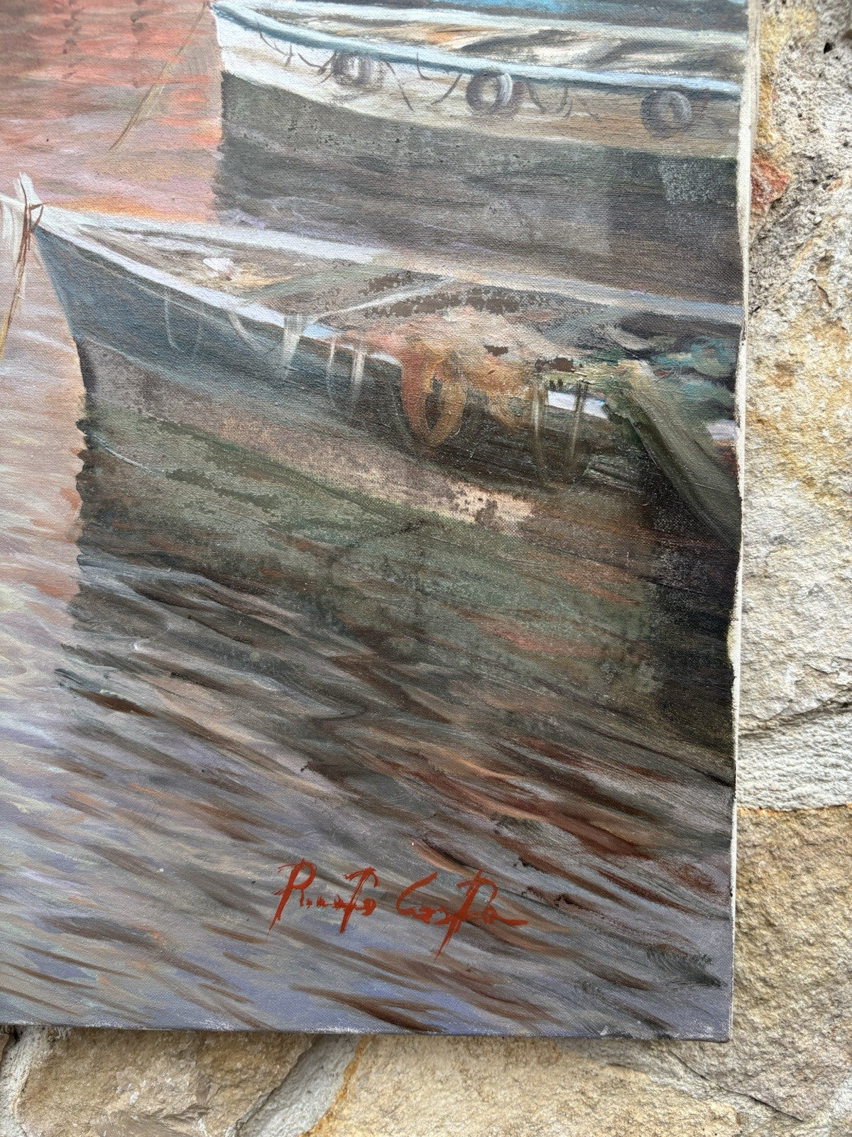 Quadro -Marina Con Barche- dipinto a olio su tela