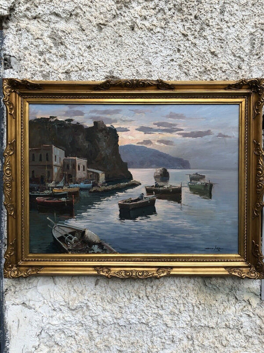 Quadro -Marina Di Procida Al Tramonto- dipinto a olio su tela