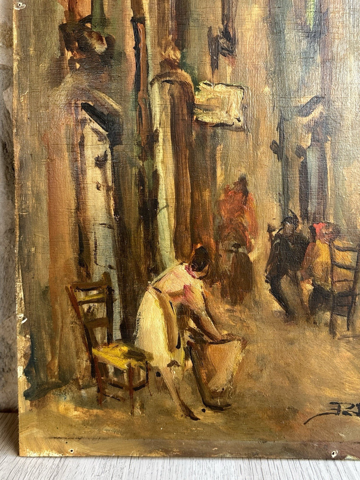 Quadro -Vicolo Con Figure- Raffaele Barscigliè dipinto a olio su tavoletta