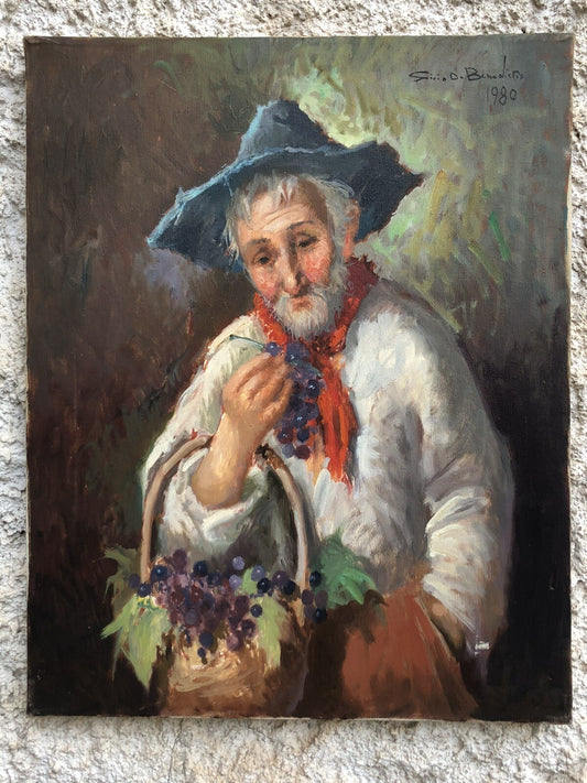 Quadro vintage -Contadino Con Uva- dipinto a olio su tela
