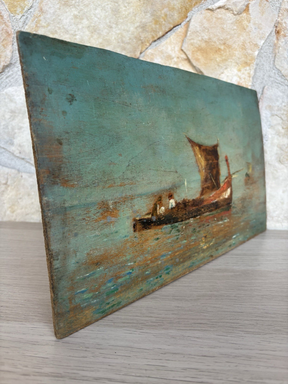 Quadro antico -Marina Con Barche- dipinto a olio su tavola