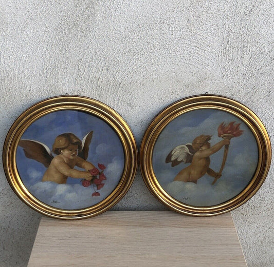 Coppia quadri vintage -Puttini- dipinti a olio su tela