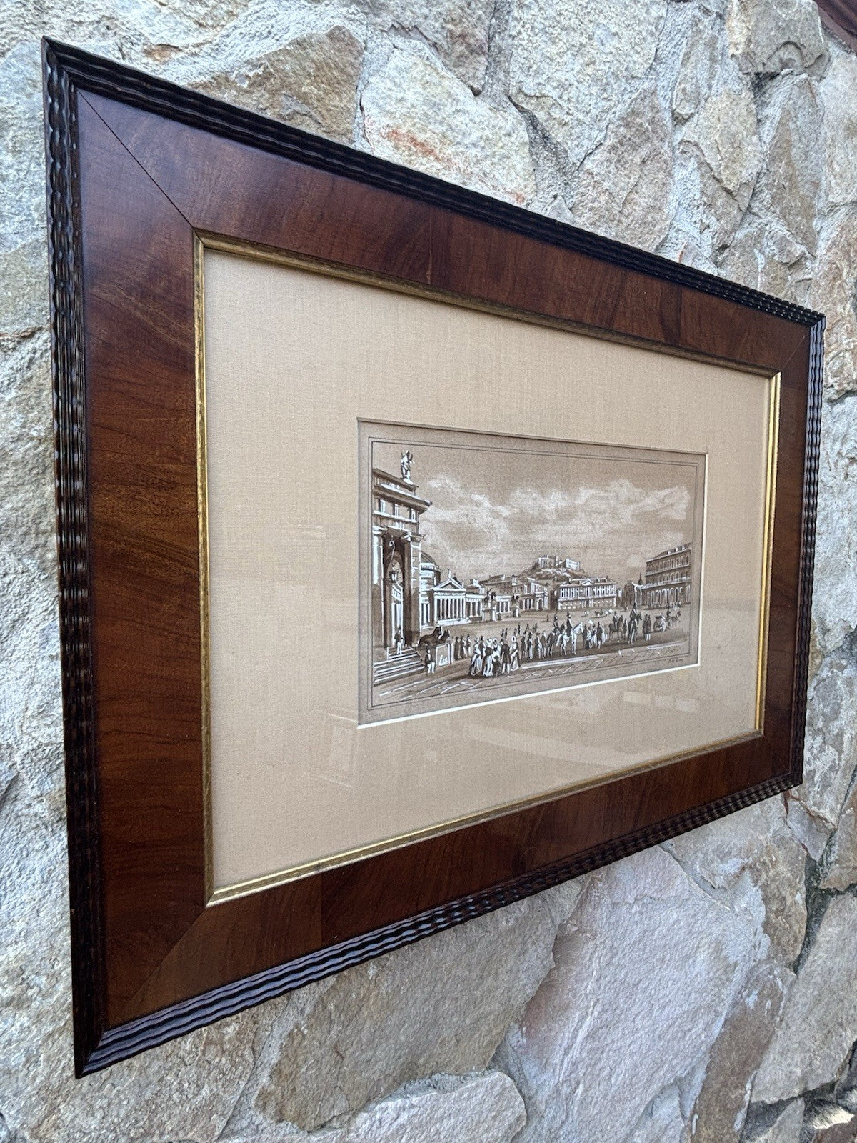 Quadro antico -Napoli, Piazza Plebiscito- realizzato a tecnica mista su carta