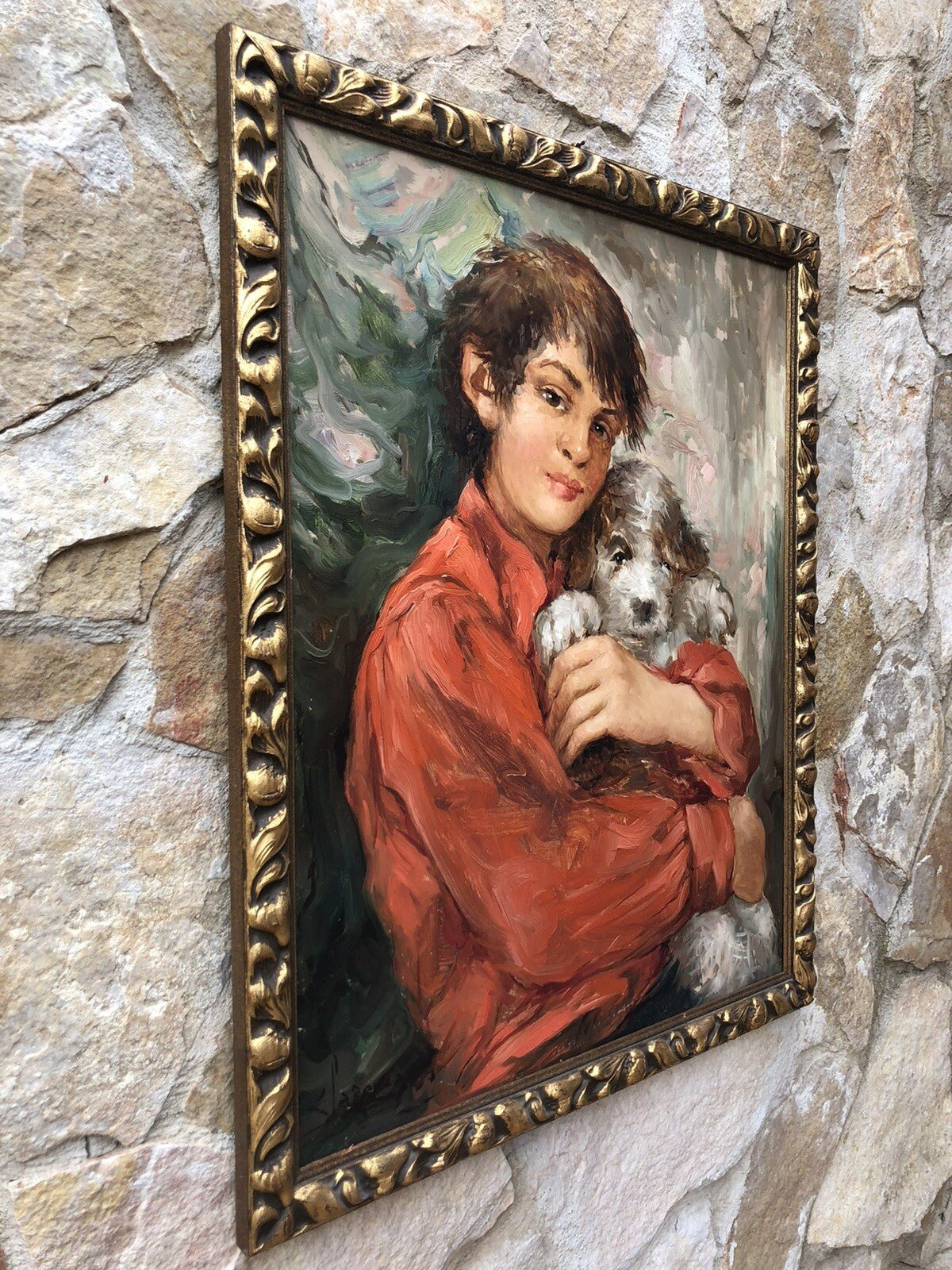 Quadro vintage -Fanciullo Con Cagnolino- dipinto a olio