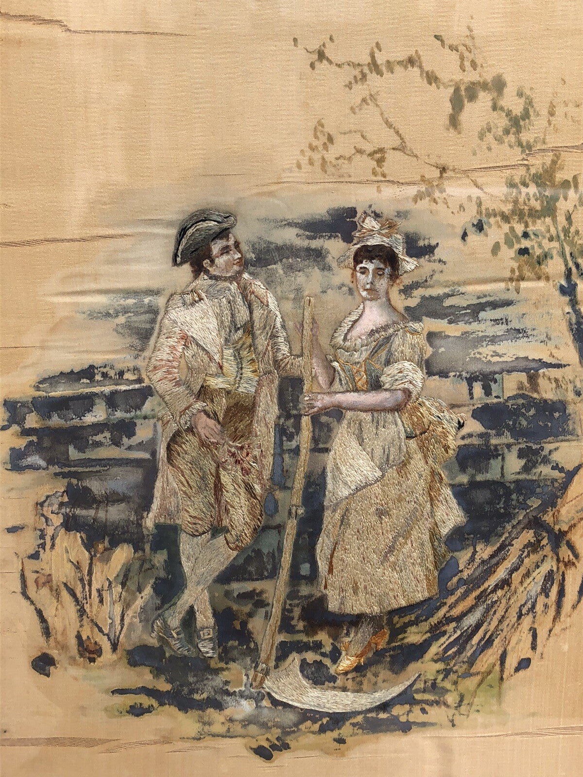 Coppia di quadri antichi ricamati e dipinti su raso in seta e cotone- tec. mista