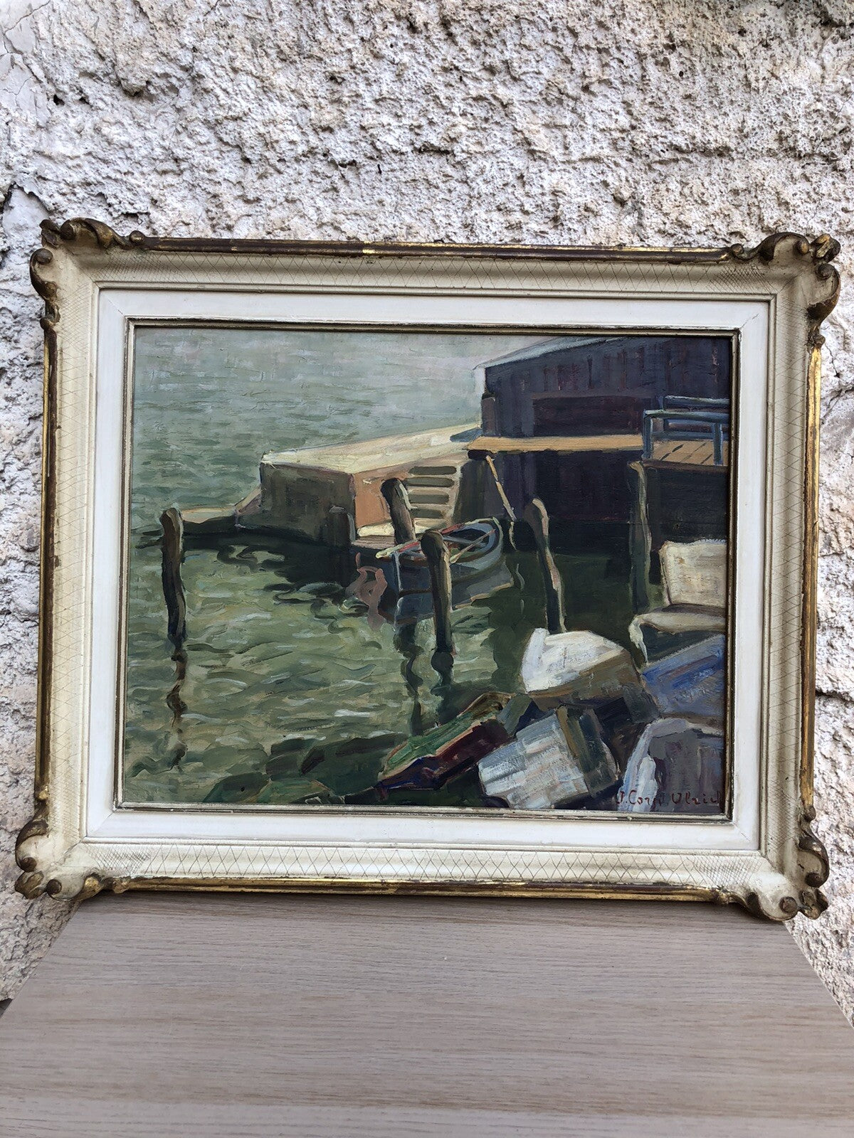 Quadro vintage francese -Barca Al Molo- dipinto a olio su tavoletta