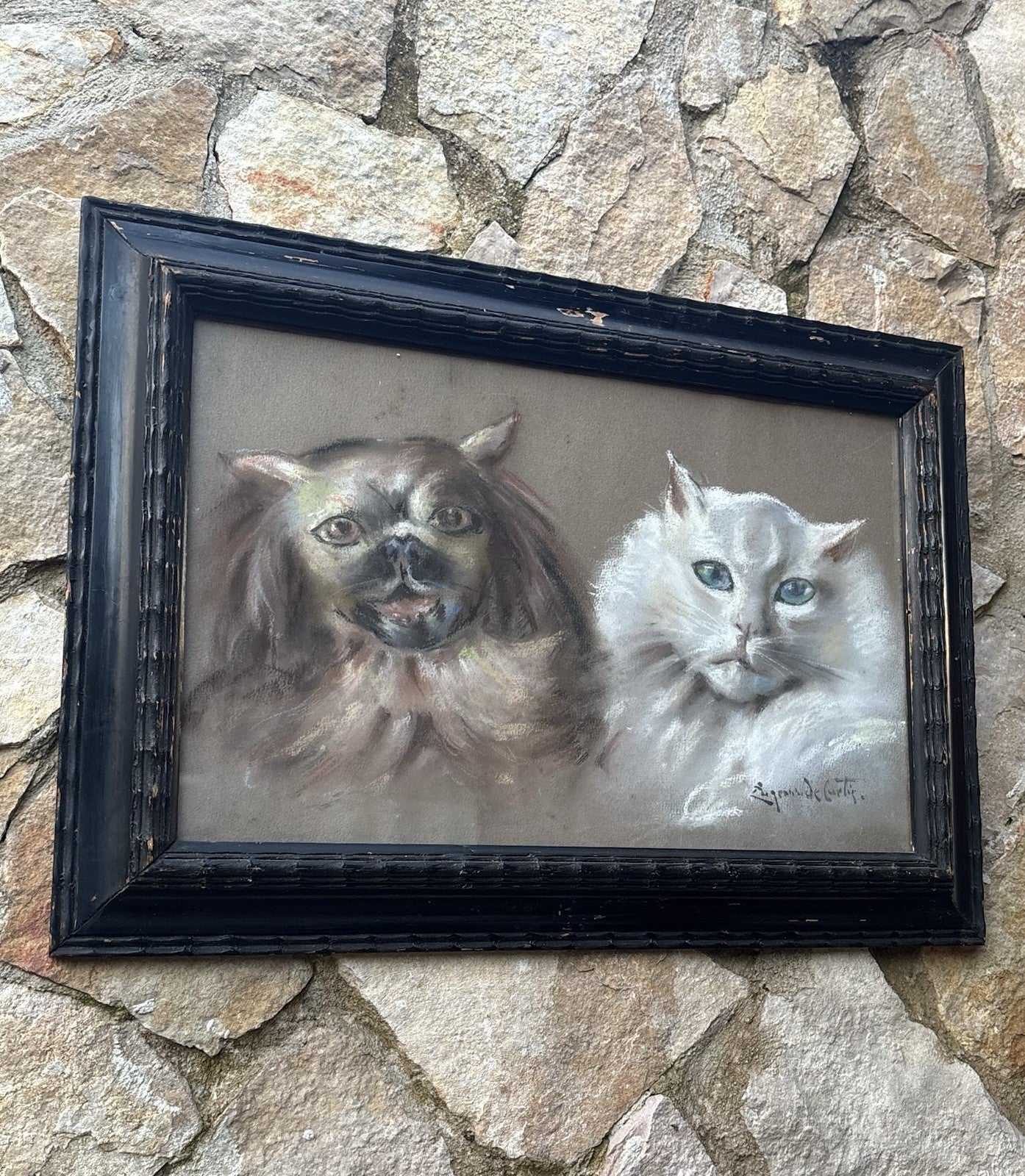 Quadro antico -Figure Animali- Federico De Curtis- pastello su carta