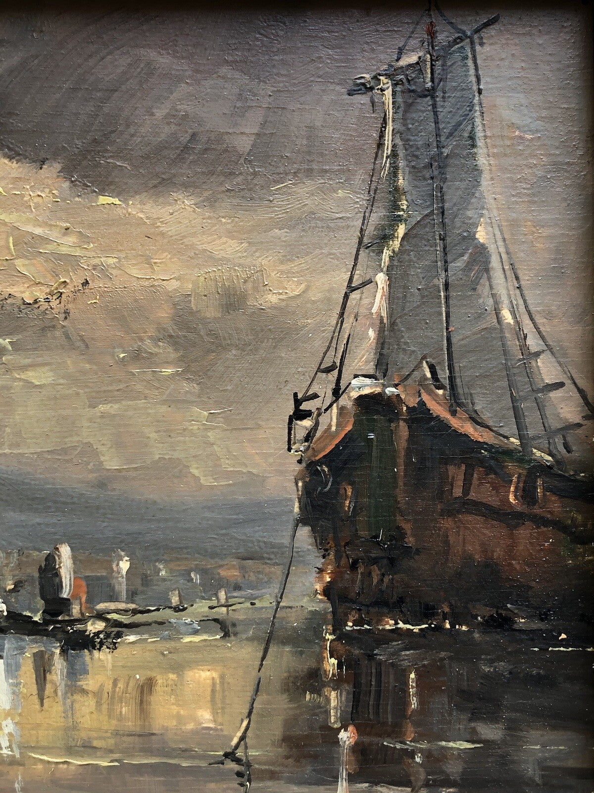 Quadro vintage -Marina Al Tramonto- dipinto a olio su tavoletta