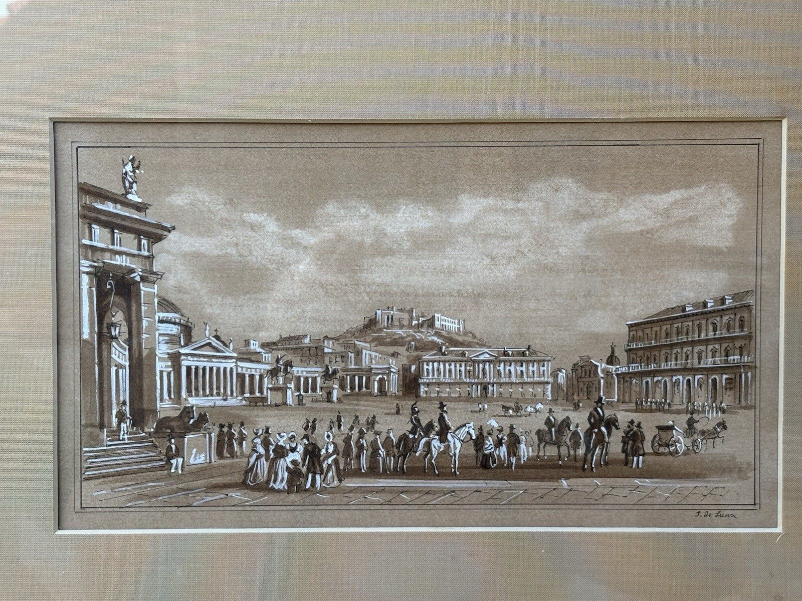 Quadro antico -Napoli, Piazza Plebiscito- realizzato a tecnica mista su carta
