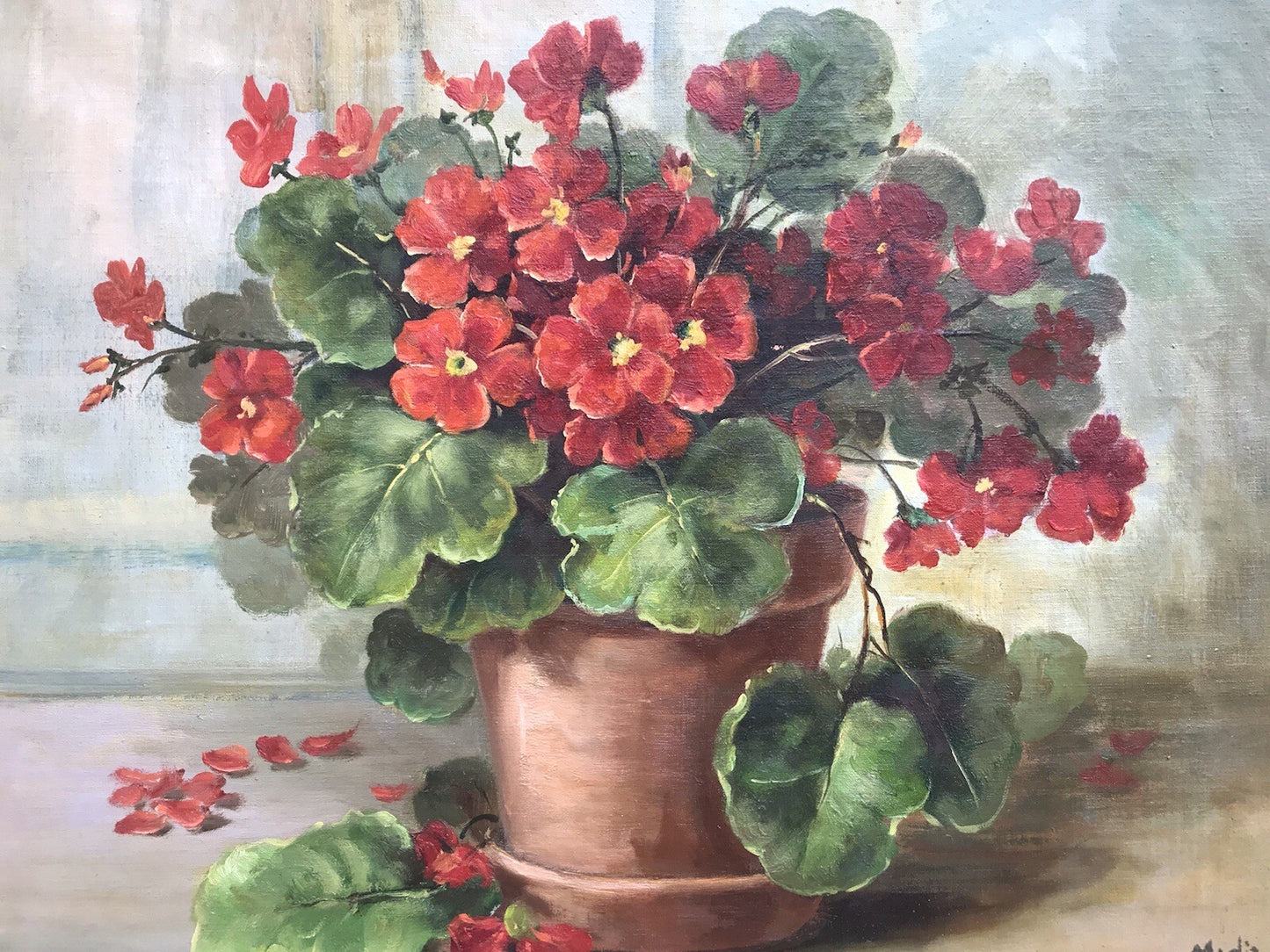 QUADRO VINTAGE -VASO CON GERANI-DIPINTO A OLIO SU TELA