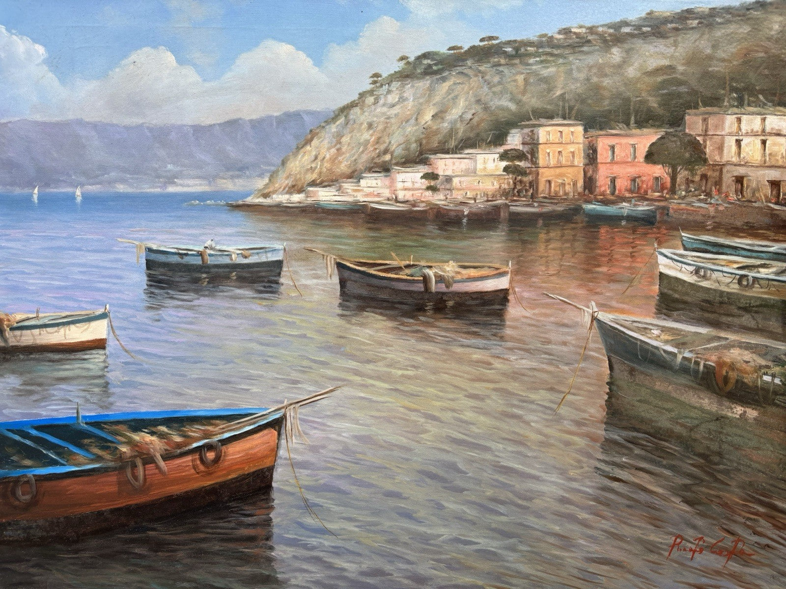 Quadro -Marina Con Barche- dipinto a olio su tela