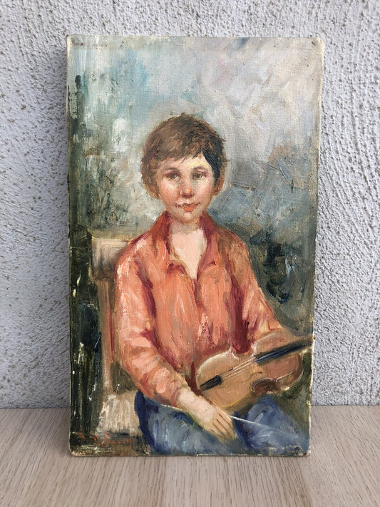 Quadro vintage -Ragazzo Con Violino- dipinto a olio su tela