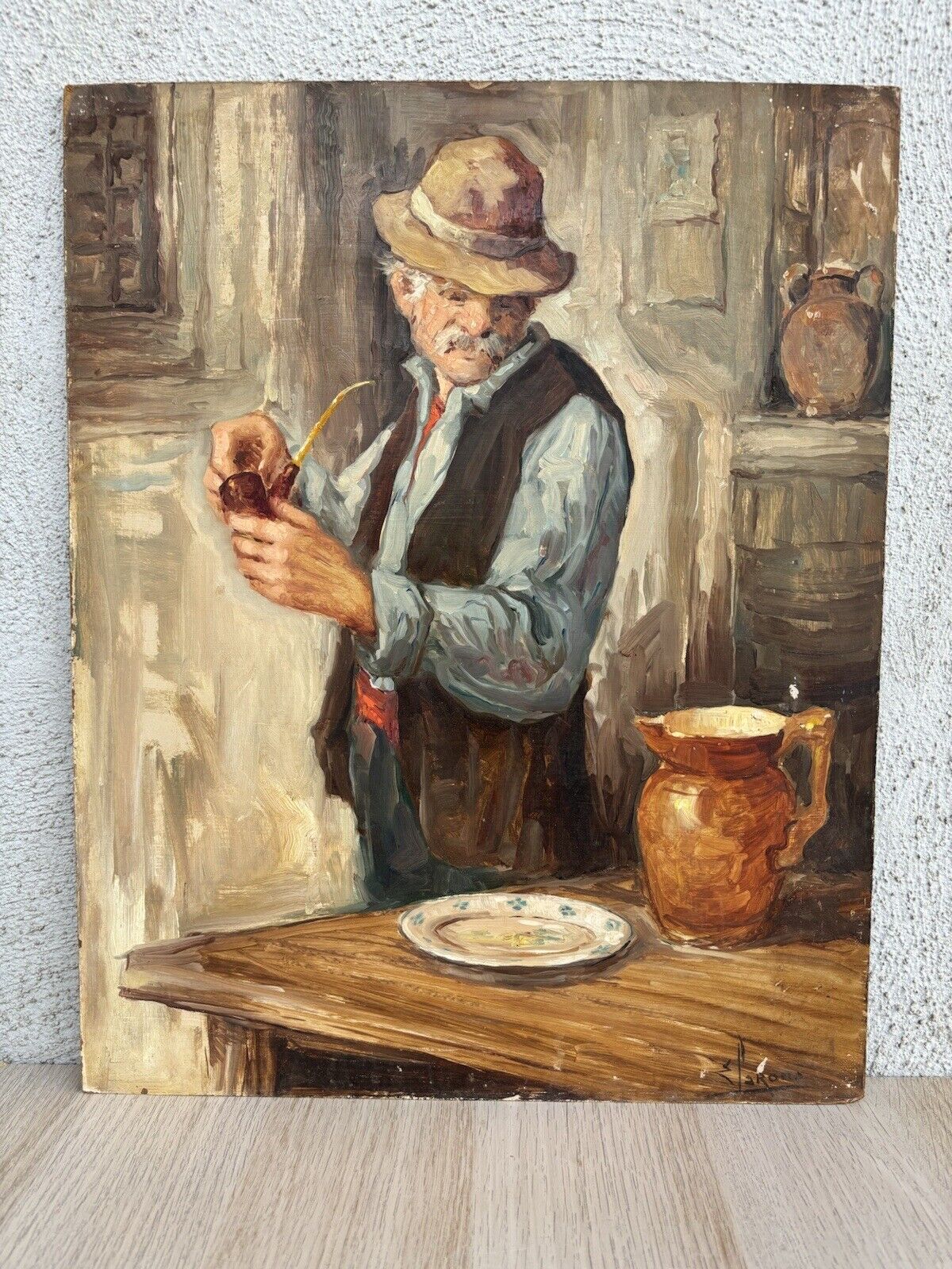 Quadro vintage -Anziano Con Pipa- dipinto a olio