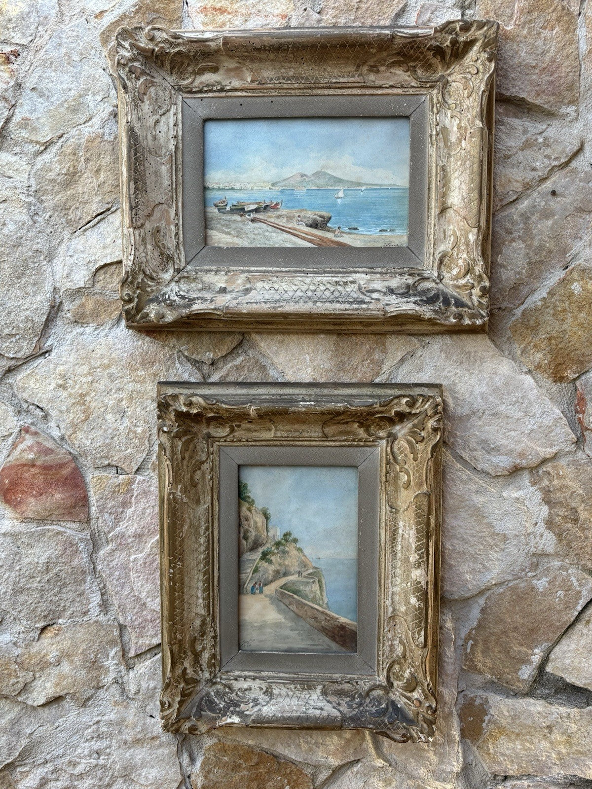 Coppia di quadri antichi -Paesaggi Napoli- realizzati ad acquerello su carta
