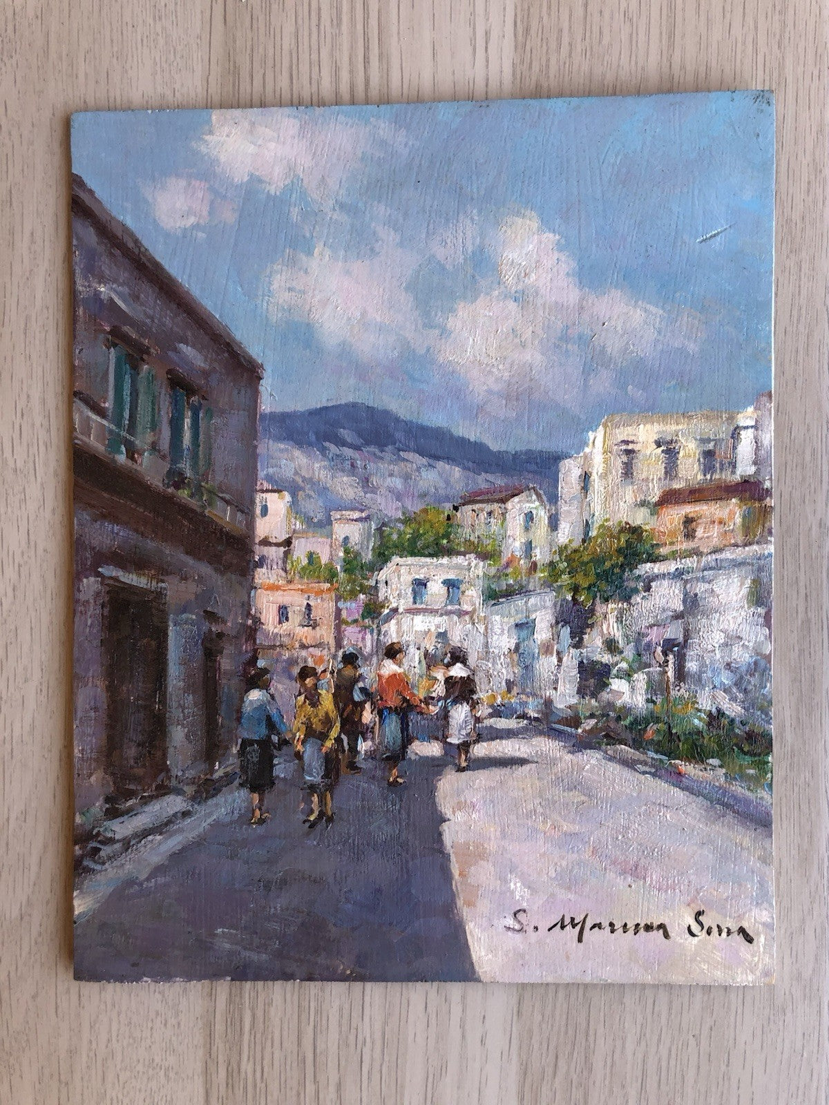 Quadro -Paesaggio Con Figure- dipinto a olio su tavoletta