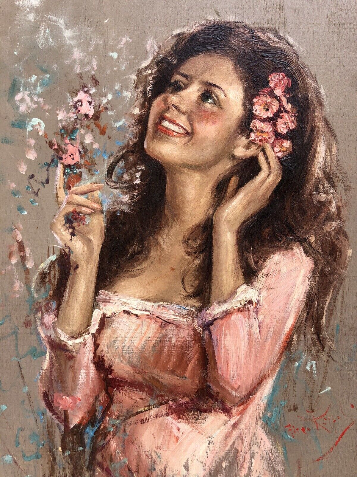 Quadro vintage -Fanciulla tra i fiori-dipinto a olio su tavola