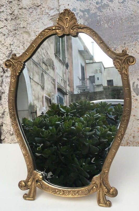 Specchio da tavolino cornice in ottone vintage stile liberty (34,5x24,5cm)