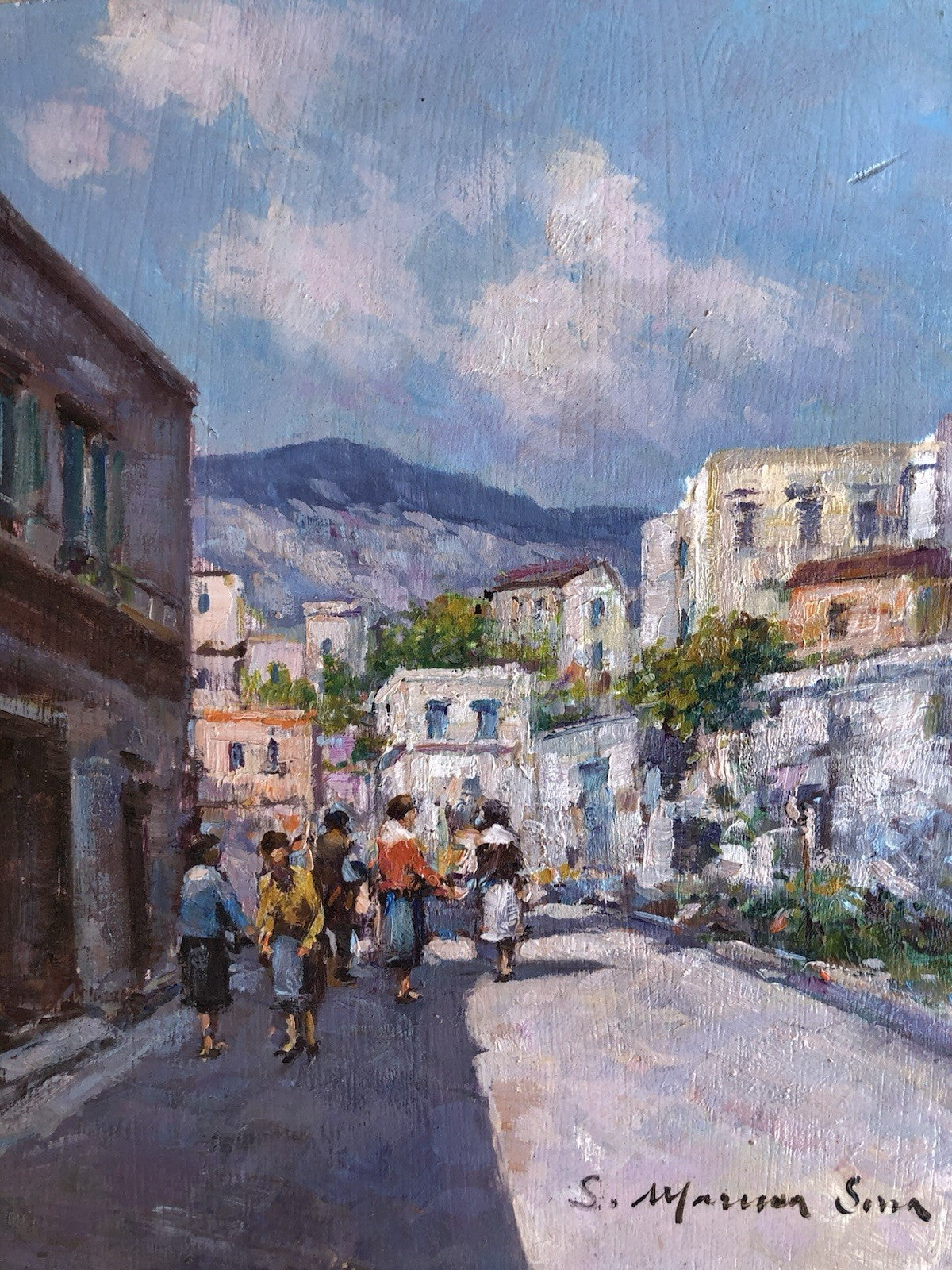 Quadro -Paesaggio Con Figure- dipinto a olio su tavoletta