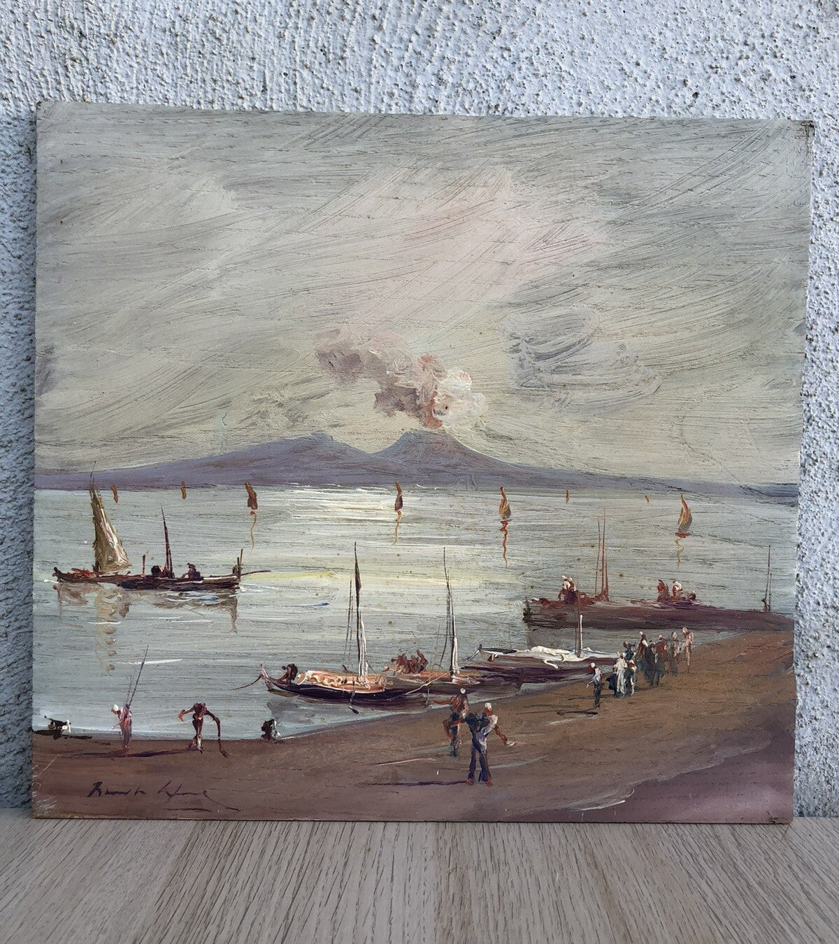 Quadro vintage -Marina Con Vesuvio- dipinto a olio su tavola
