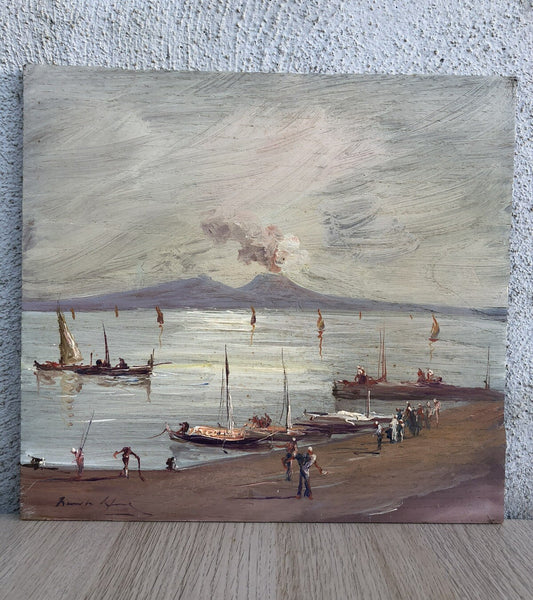 Quadro vintage -Marina Con Vesuvio- dipinto a olio su tavola