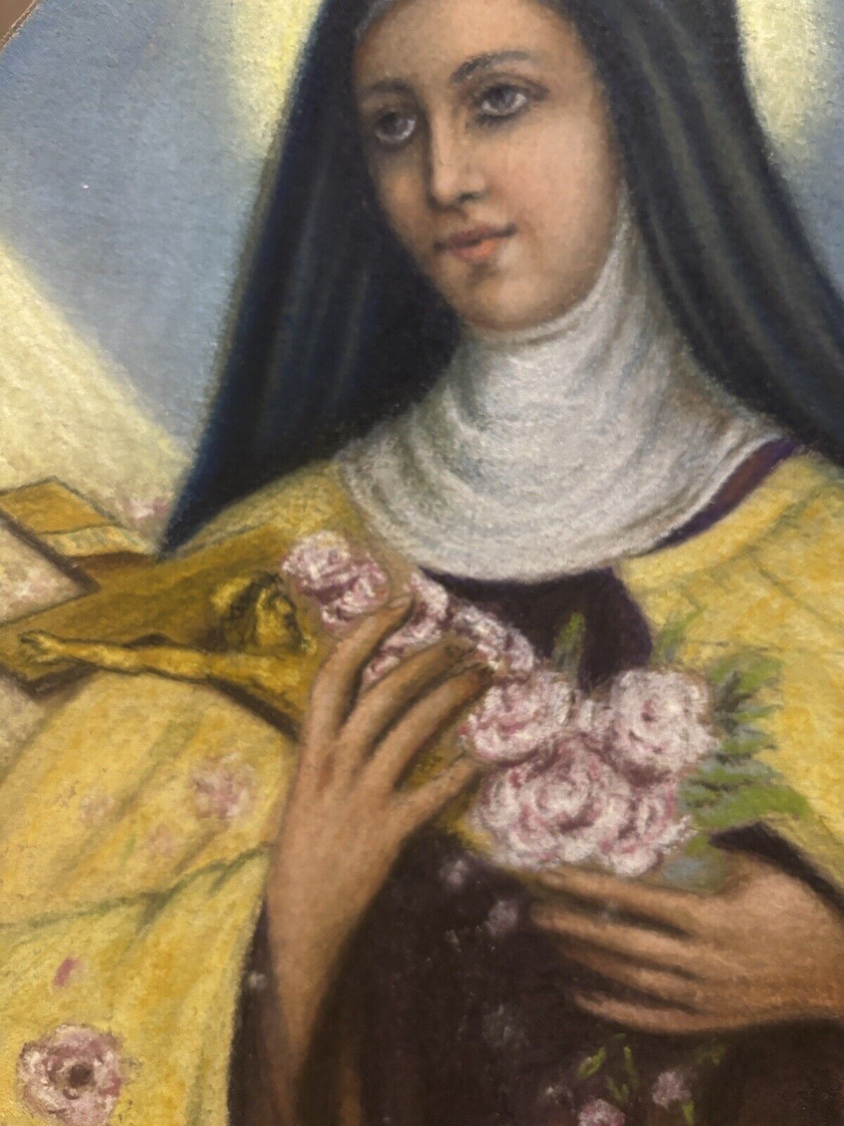Quadro vintage -Santa Rita Da Cascia- realizzato  a pastello su cartoncino