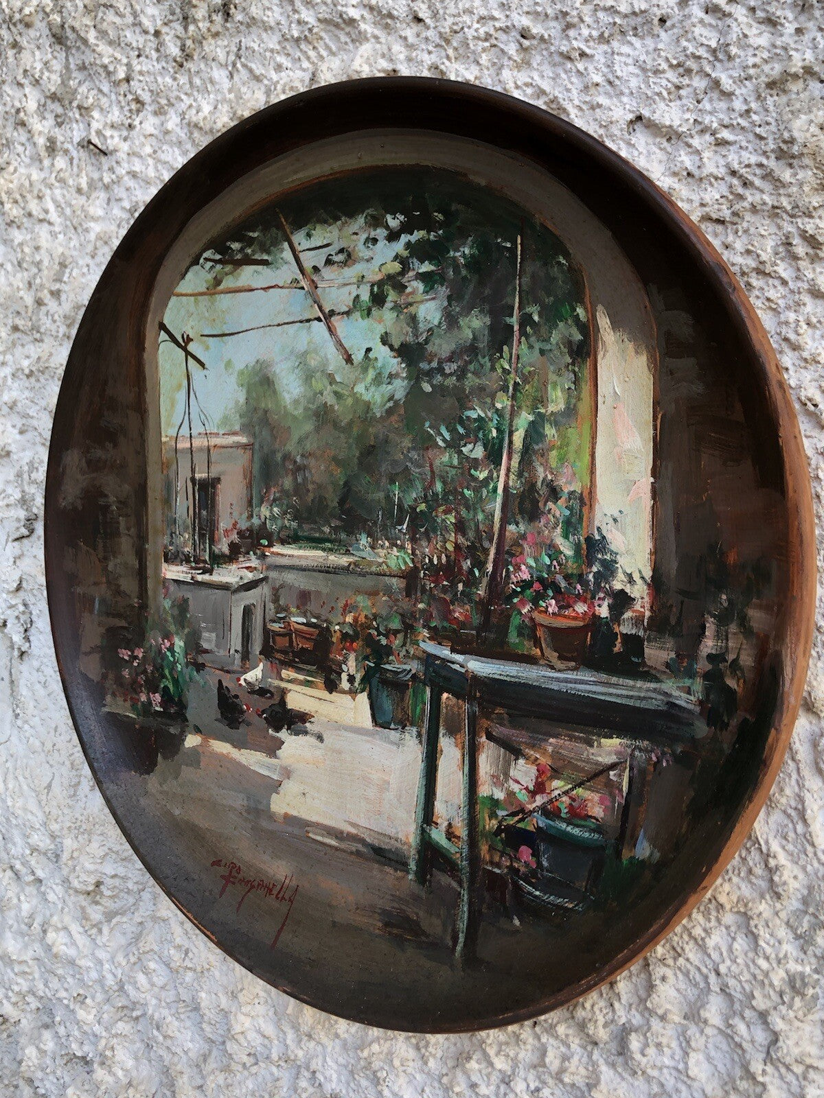 Piatto Vintage Dipinto A Olio su Terracotta