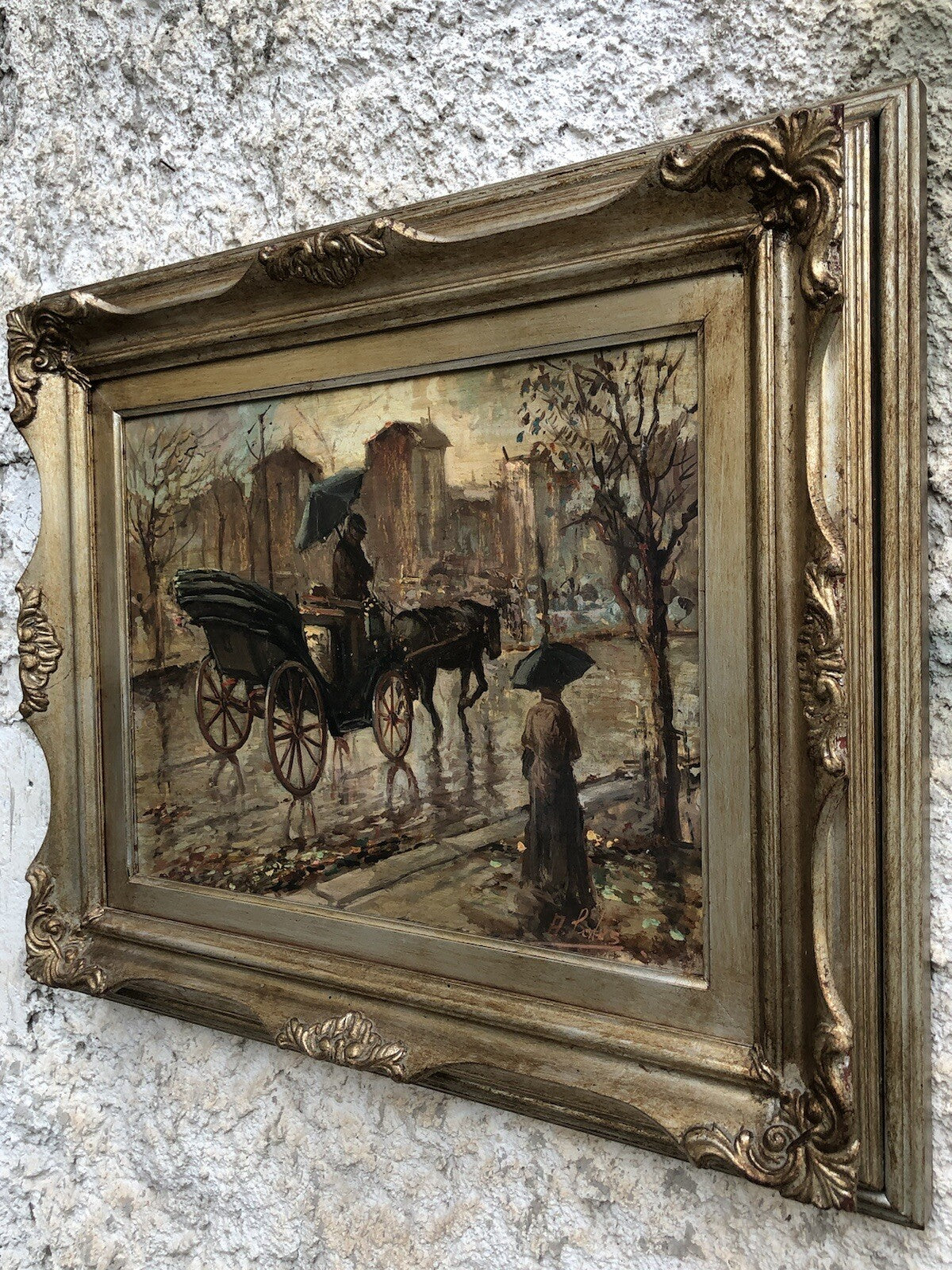 Quadro vintage -Carrozza Con Figure- dipinto a olio su tavoletta