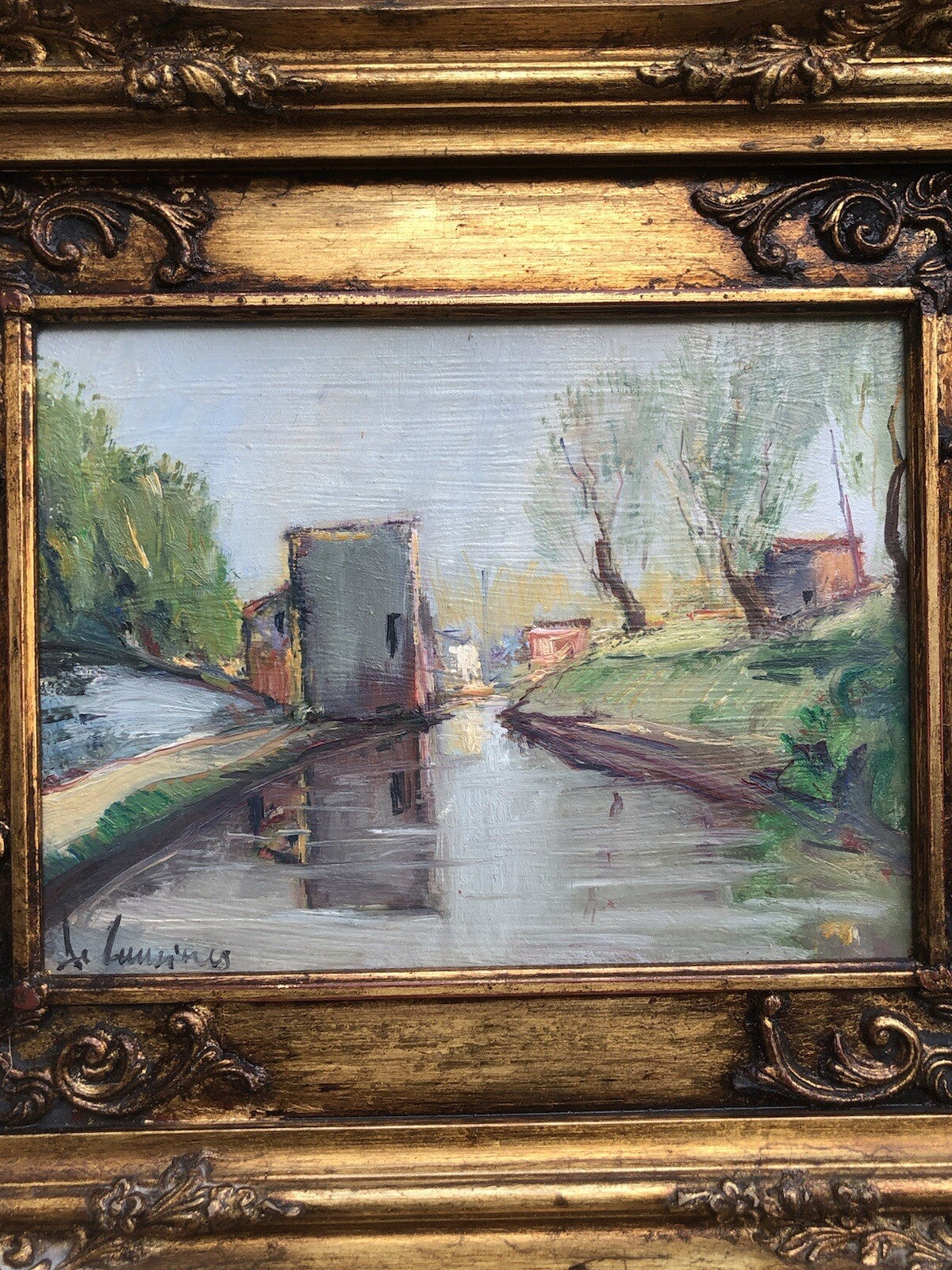 Quadro vintage -Paesaggio Con Fiume- dipinto a olio
