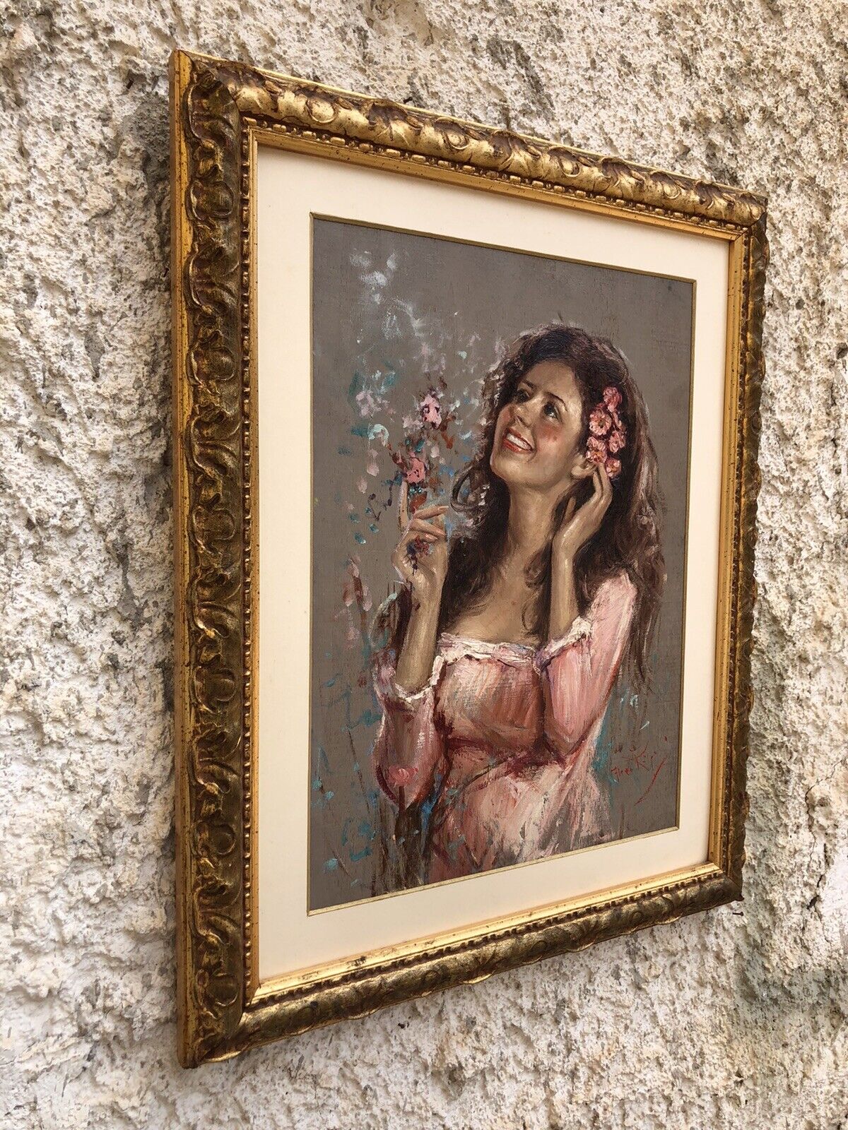 Quadro vintage -Fanciulla tra i fiori-dipinto a olio su tavola
