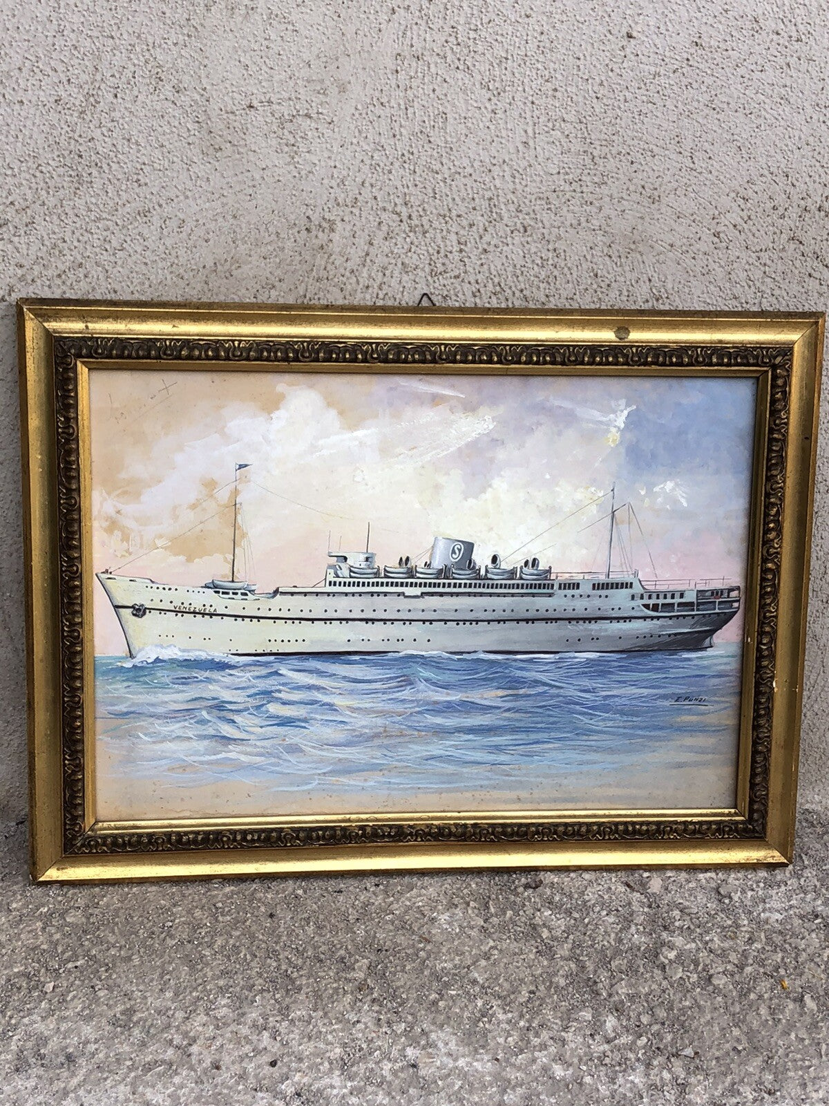 Quadro dipinto Nave “Venezuela Grimaldi Siosa Line” vintage